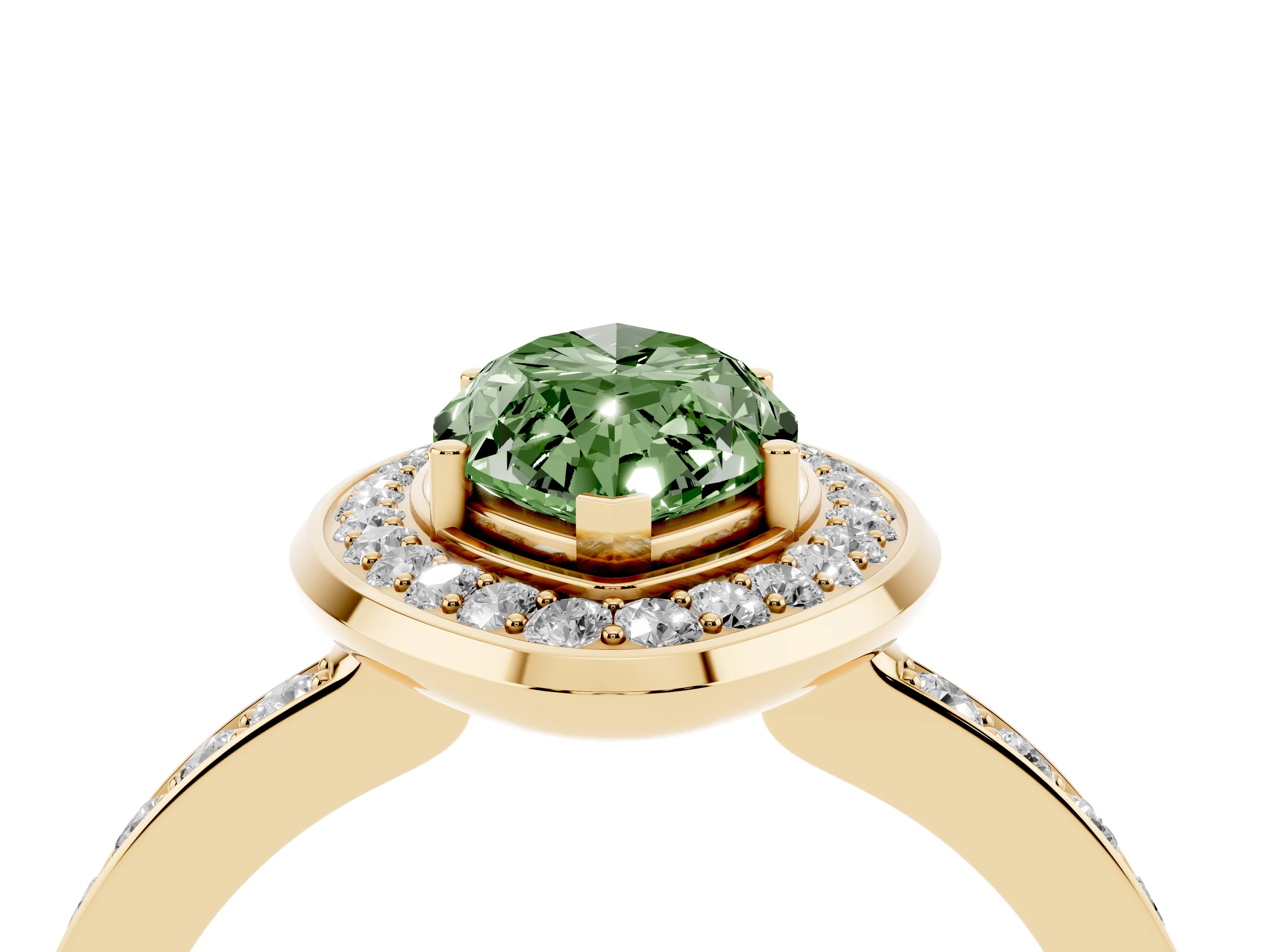 Fancy Green Marquise Cut Diamond Halo Ring Set in Yellow gold with Bezel Frame and Pavé Band