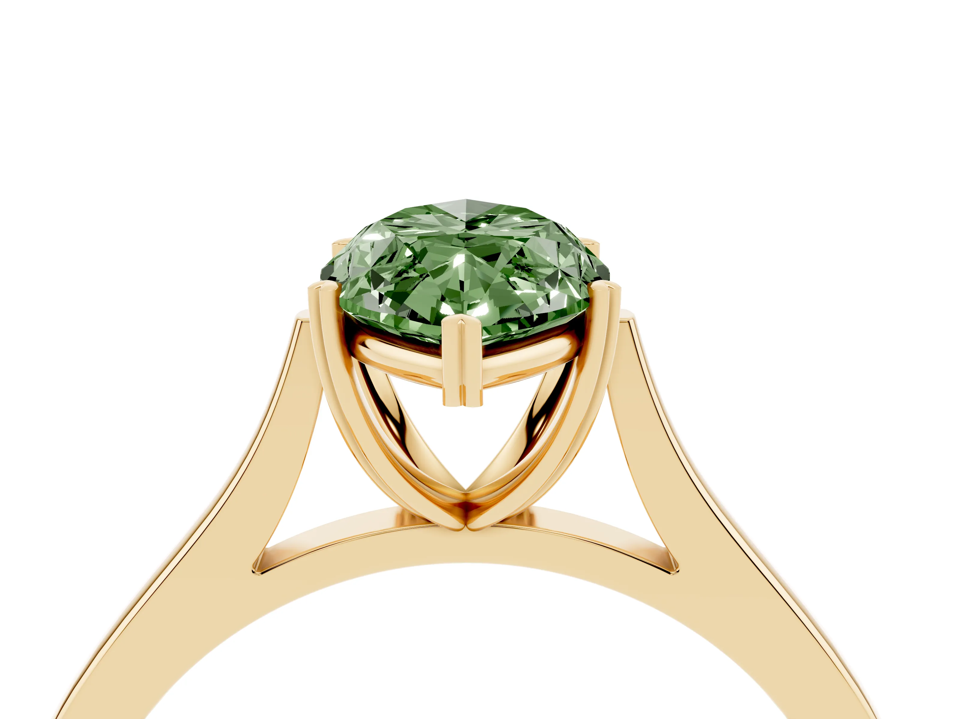 Fancy Green Marquise Cut Diamond Solitaire Heart Prong Engagement Ring Set in Yellow gold with Tapered Band