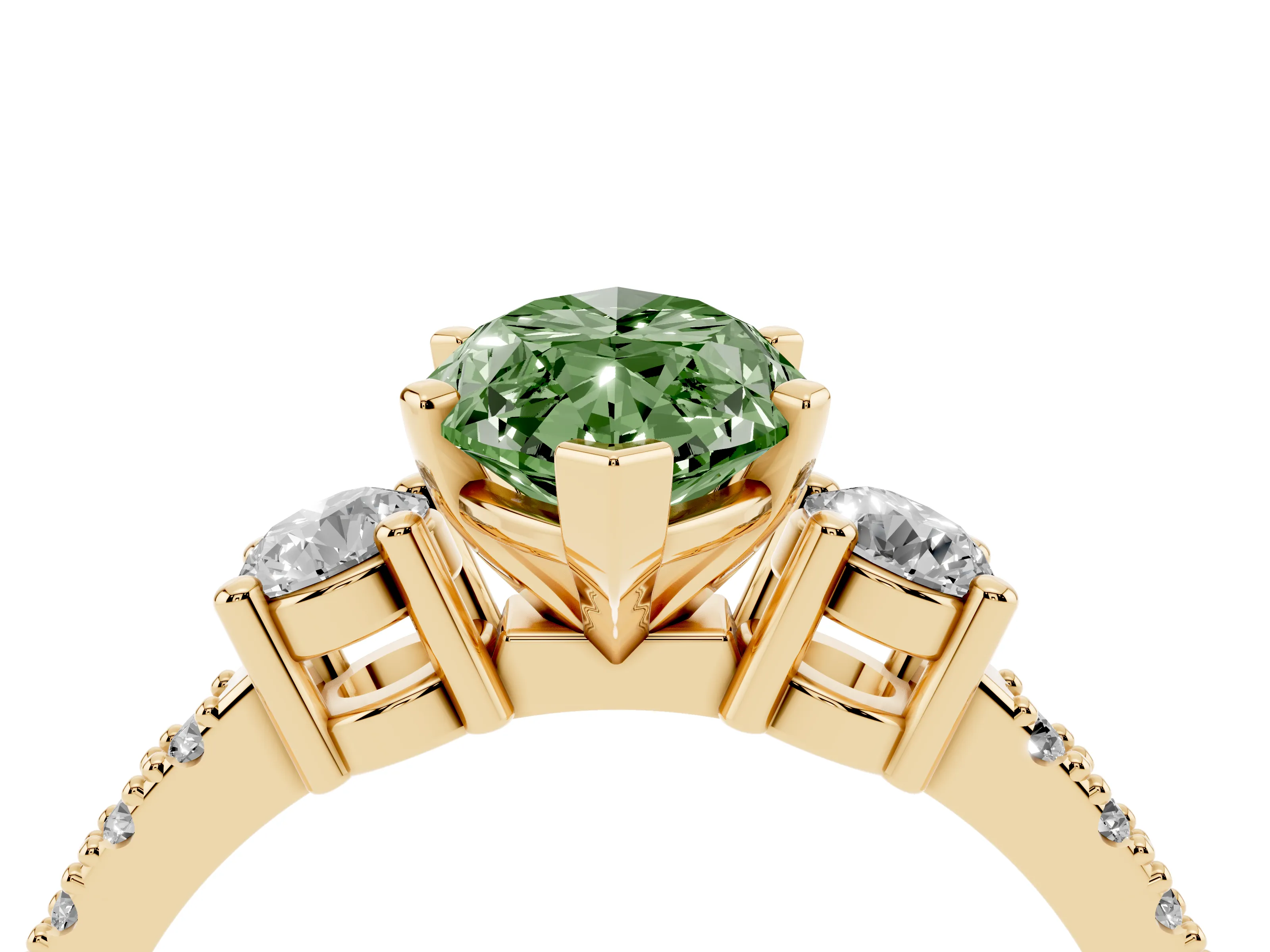 Fancy Green Three-Stone Marquise Cut Diamond Pavé Band Ring Set in Yellow gold with Prong Setting