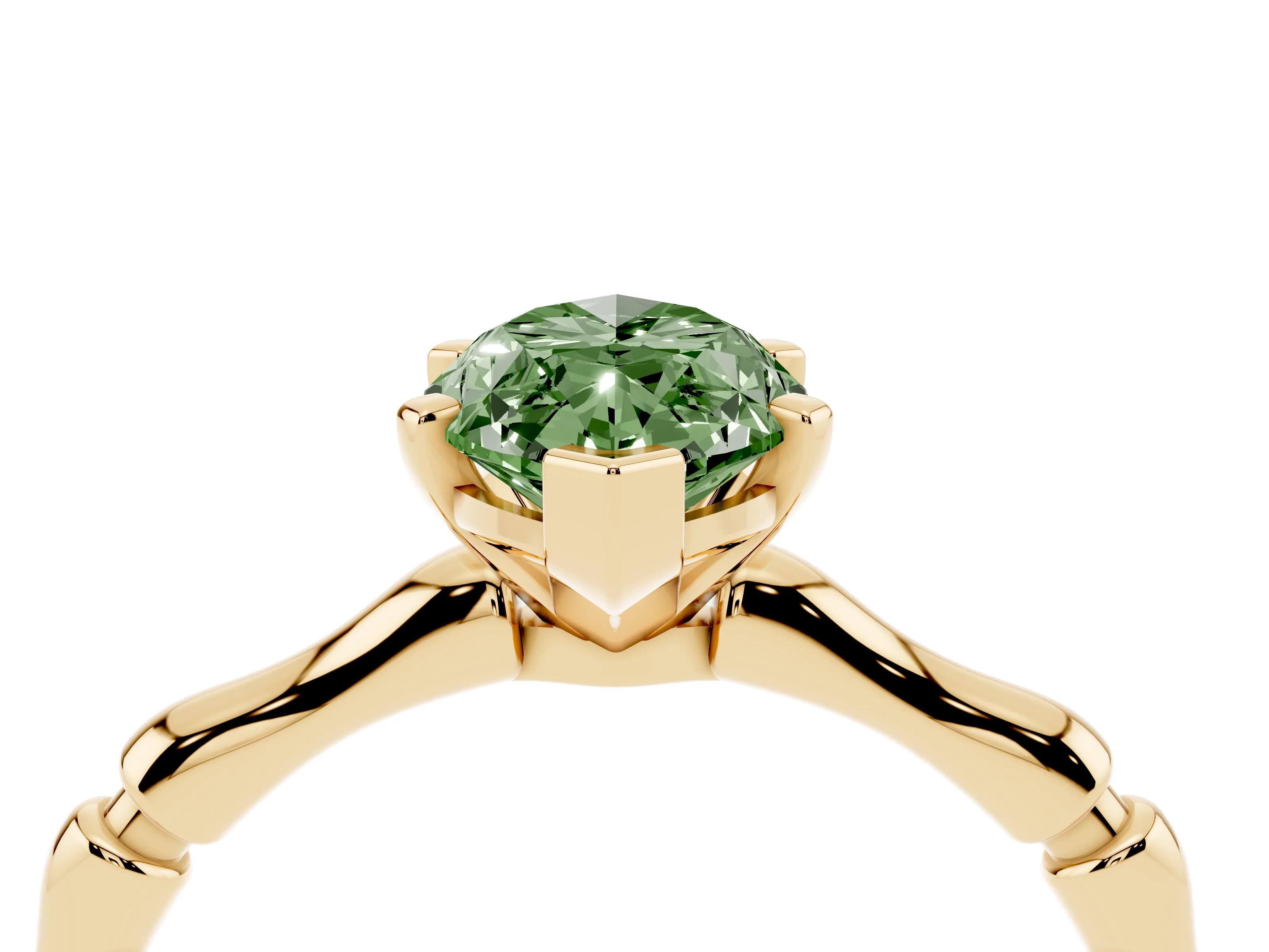 Fancy Green Marquise Cut Diamond Solitaire Ring Set in Yellow gold with Bamboo Band and Prong Setting