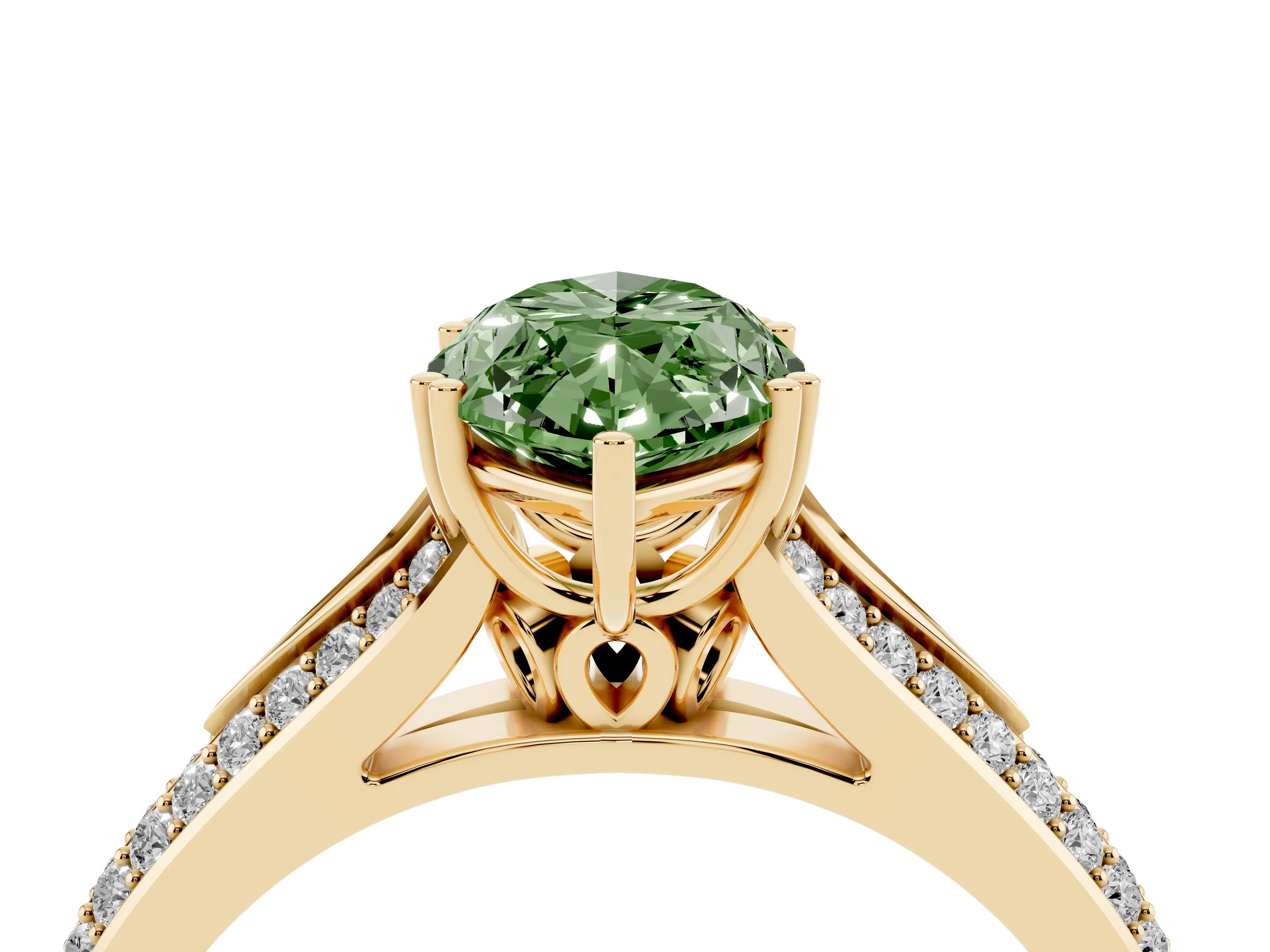 Fancy Green Marquise Cut Diamond Split Shank Pavé Engagement Ring Set in Yellow gold with Prong-Set Center Stone