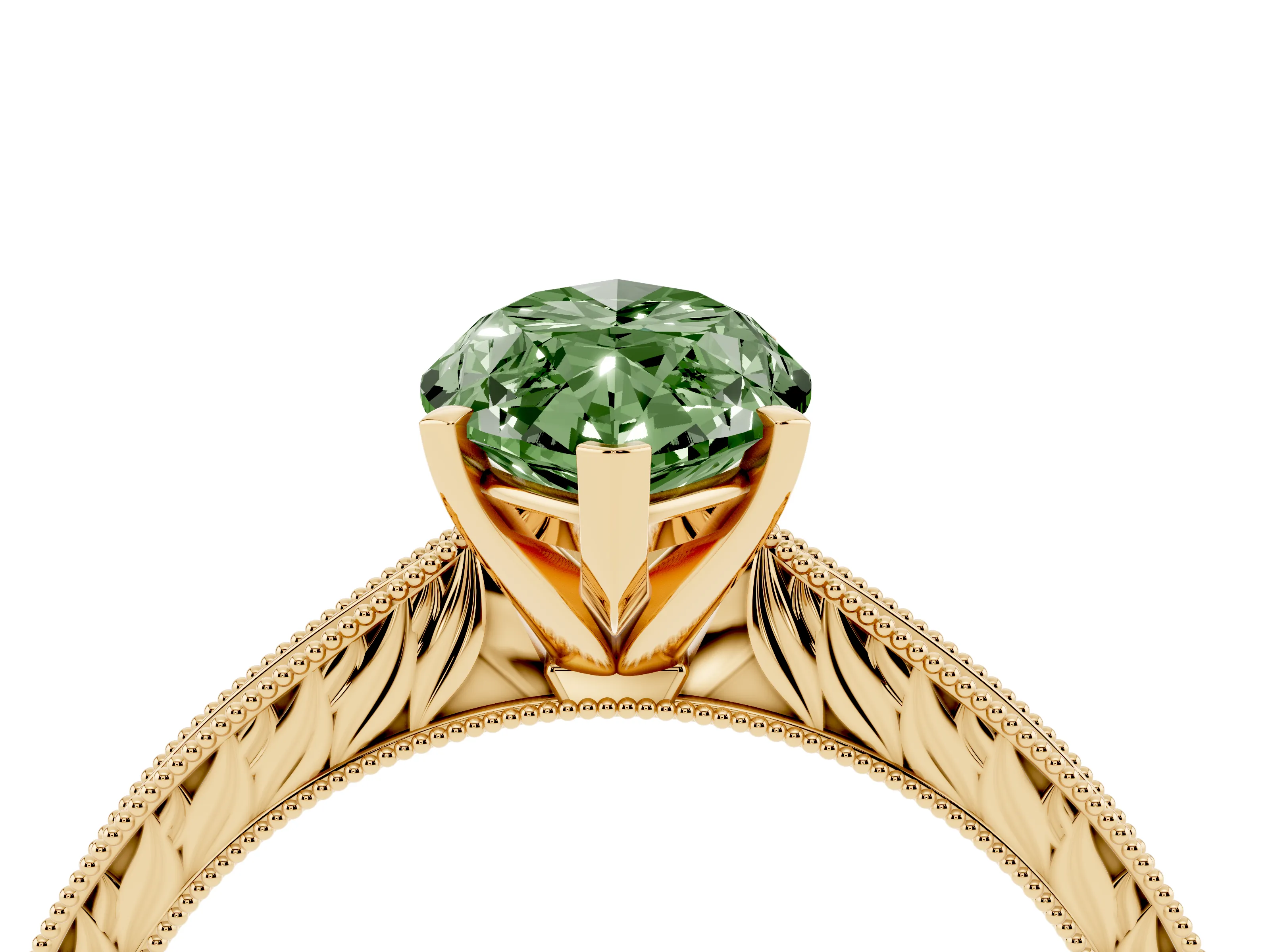 Fancy Green Marquise Cut Diamond Solitaire Milgrain Engraved Band Set in Yellow gold with Prong Setting
