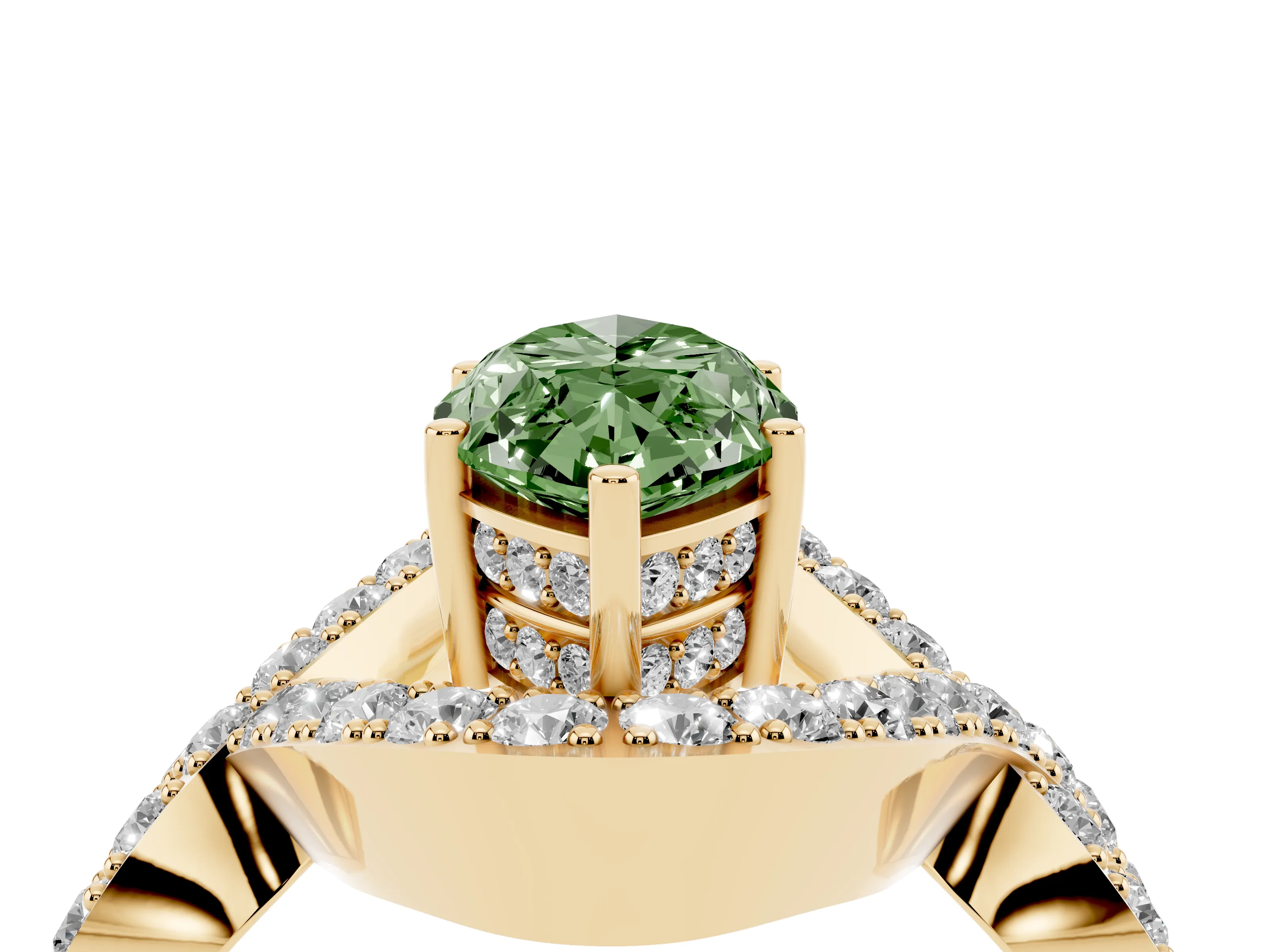 Fancy Green Marquise Cut Diamond Solitaire Twist Band Pavé Engagement Ring Set in Yellow gold