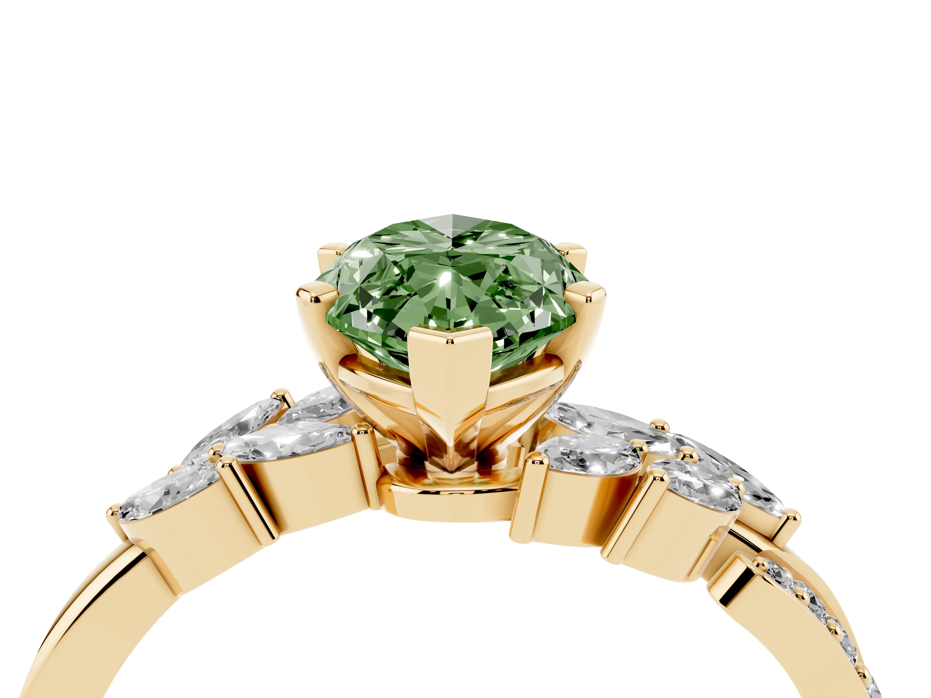Fancy Green Marquise Cut Diamond Solitaire Ring Set in Yellow gold with Marquise Twist Band and Prong Setting