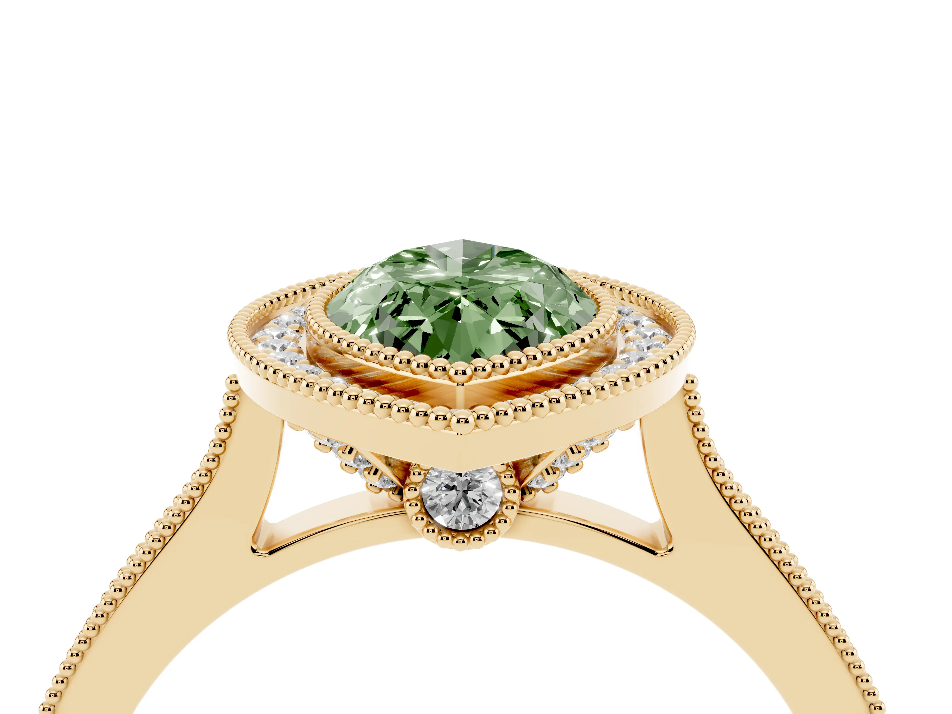 Fancy Green Marquise Cut Diamond Halo Milgrain Pavé Band Ring Set in Yellow gold with Prong Setting