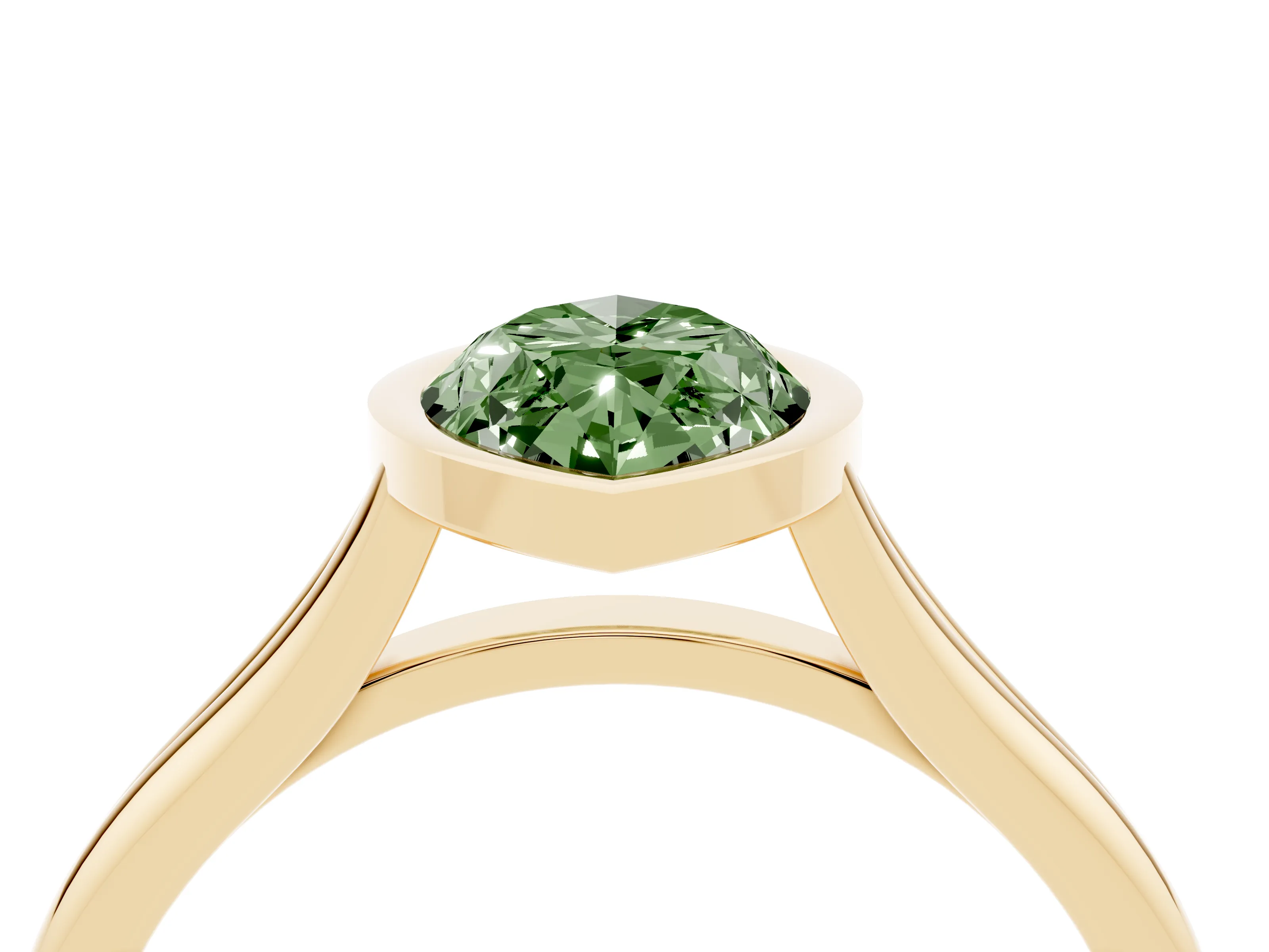 Fancy Green Bezel Set Marquise Cut Diamond Solitaire Ring Set in Yellow gold with Tapered Band