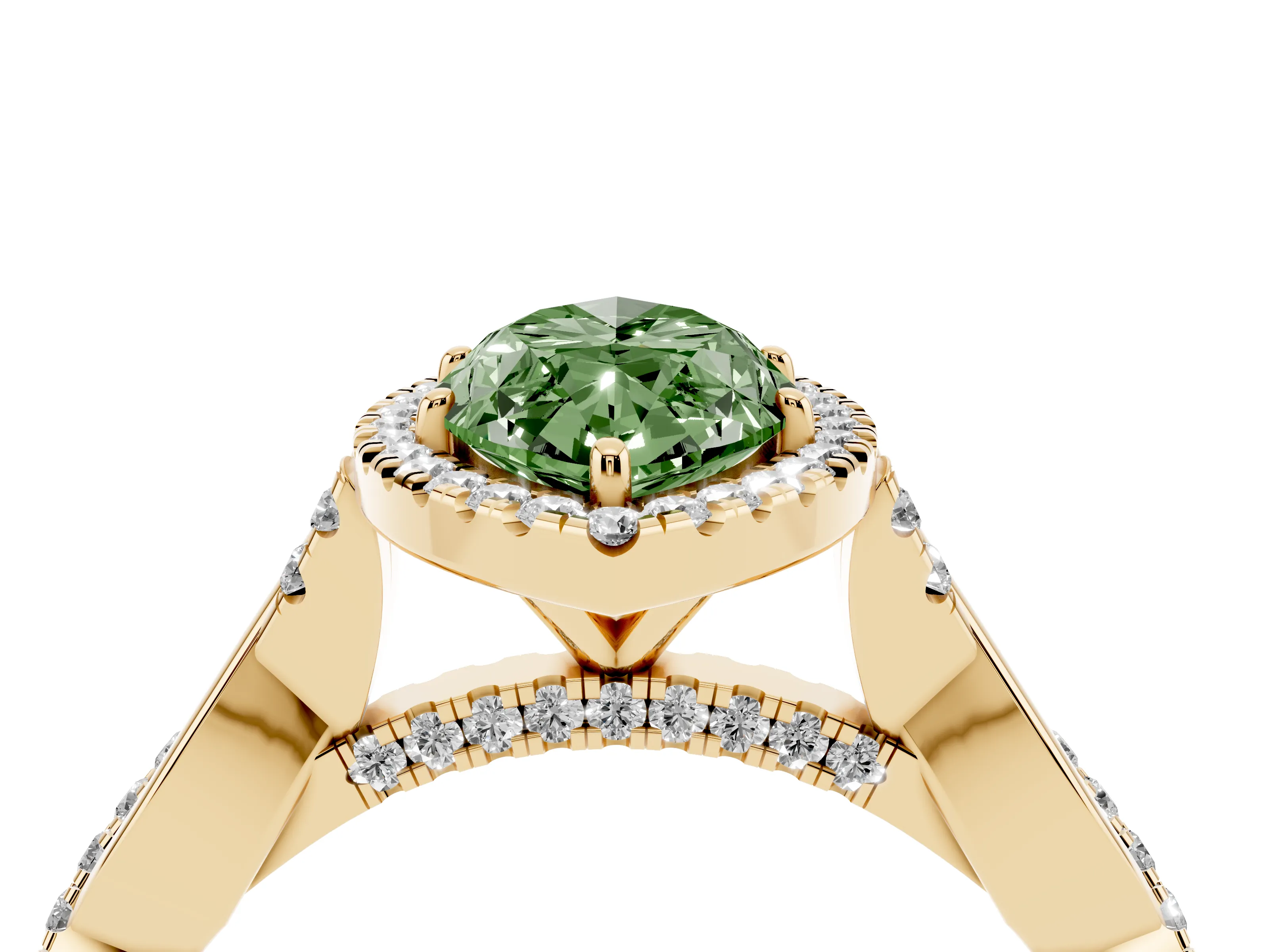 Fancy Green Marquise Cut Diamond Halo Twist Band Solitaire Ring Set in Yellow gold with Prong Setting