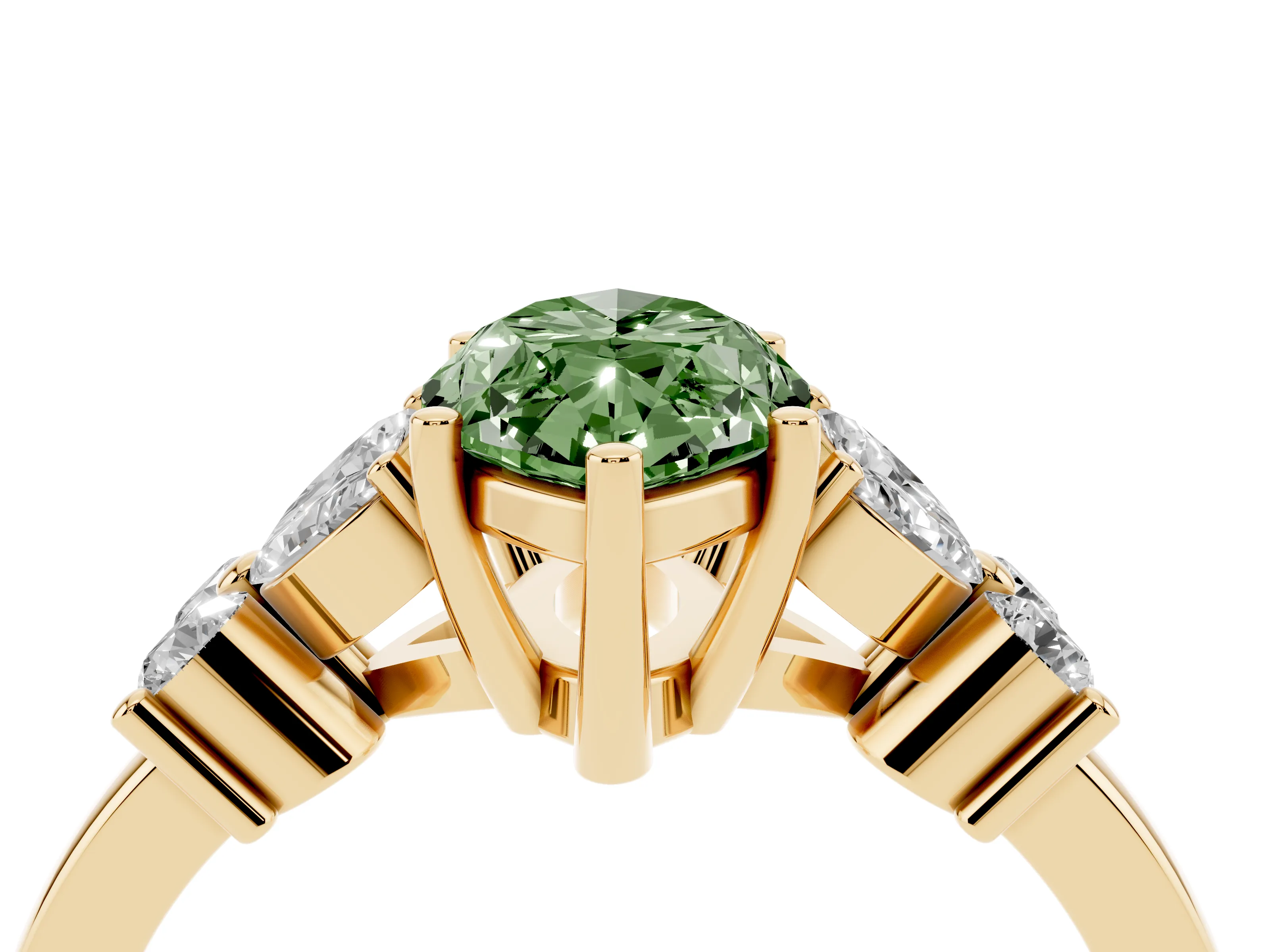 Fancy Green Marquise Cut Diamond Floral Cluster Ring Set in Yellow gold with Marquise Petals and Prong Setting