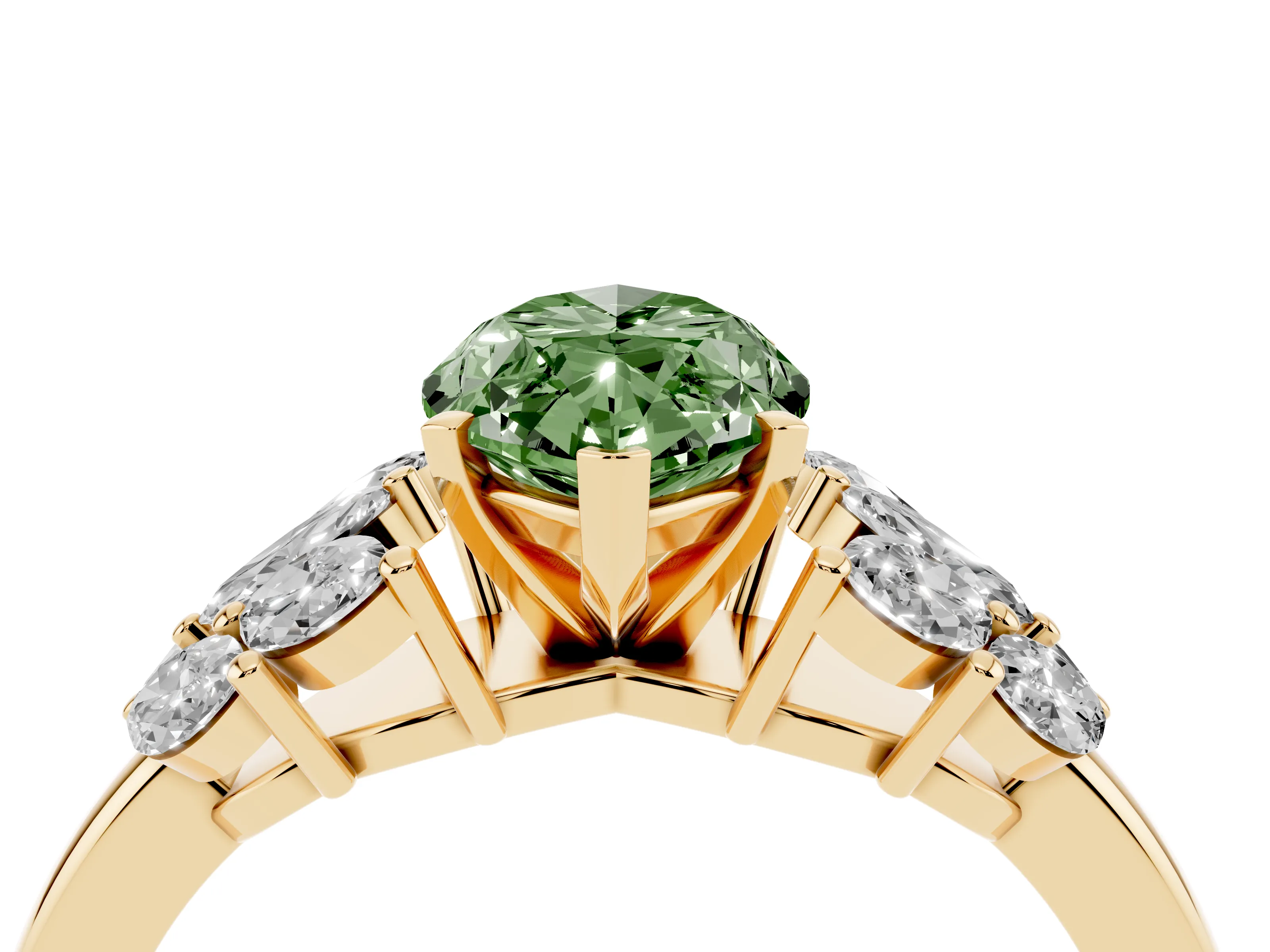 Fancy Green Marquise Cut Diamond Cluster Leaf Design Ring Set in Yellow gold with Prong Setting