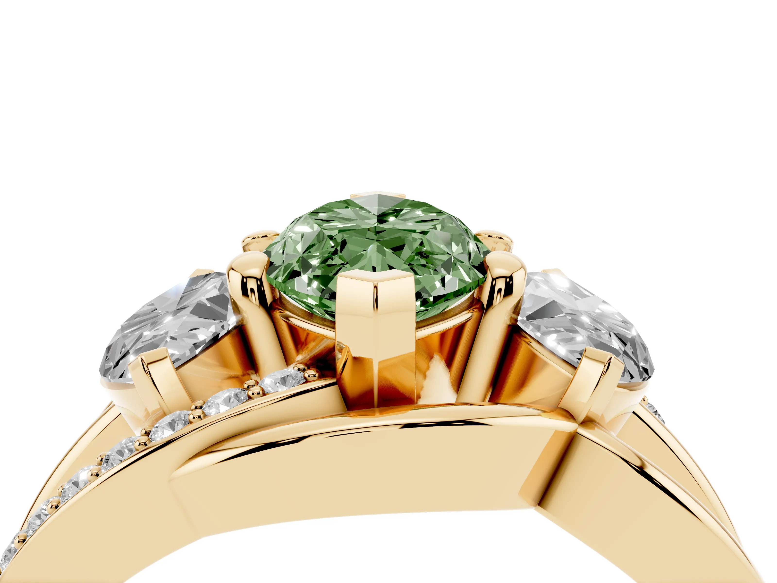 Fancy Green Marquise Cut Diamond Three-Stone Ring Set in Yellow gold with Split Shank and Prong Setting