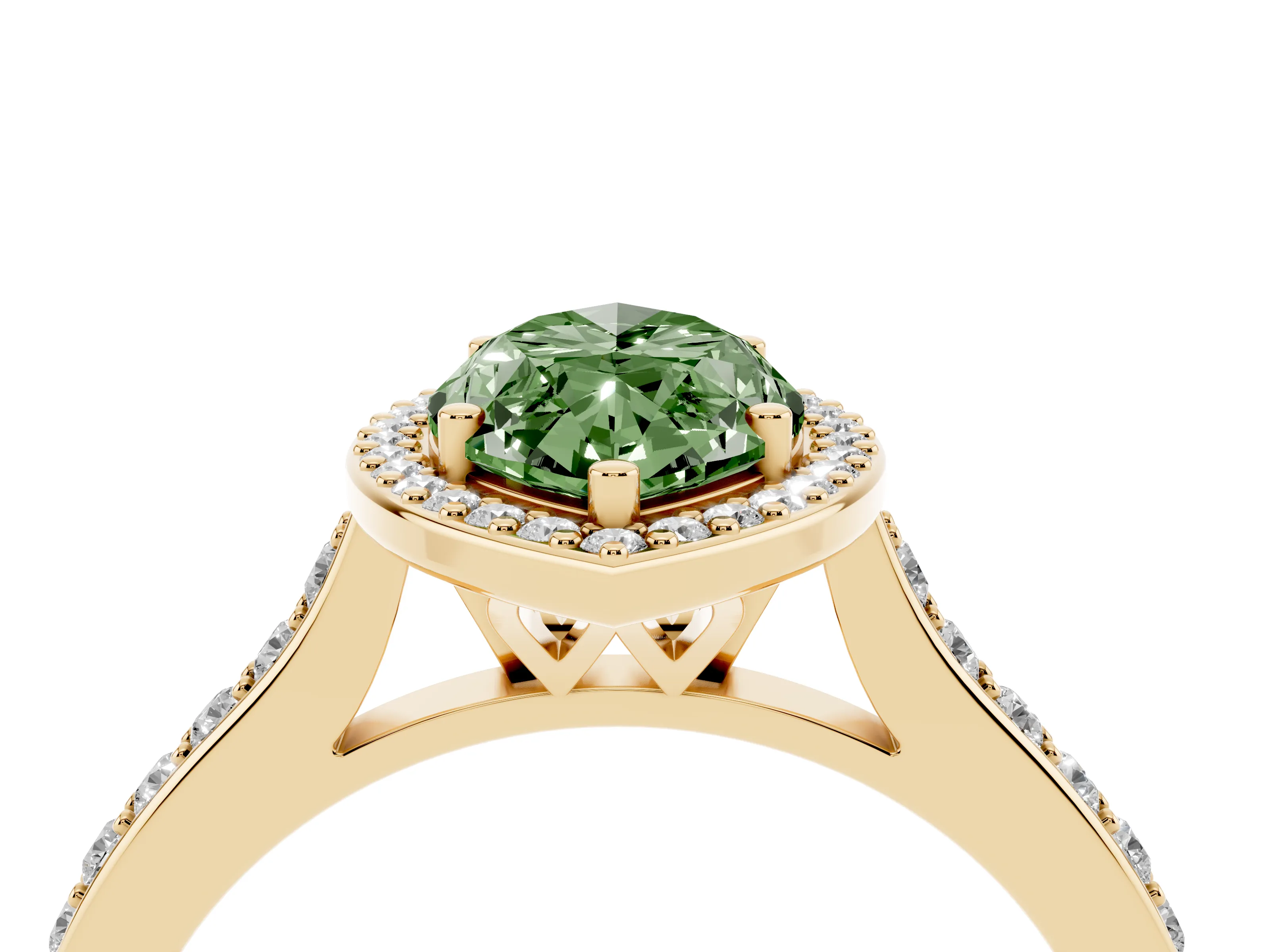 Fancy Green Marquise Cut Diamond Halo Engagement Ring Set in Yellow gold with Round Pavé Shoulders and Heart Gallery