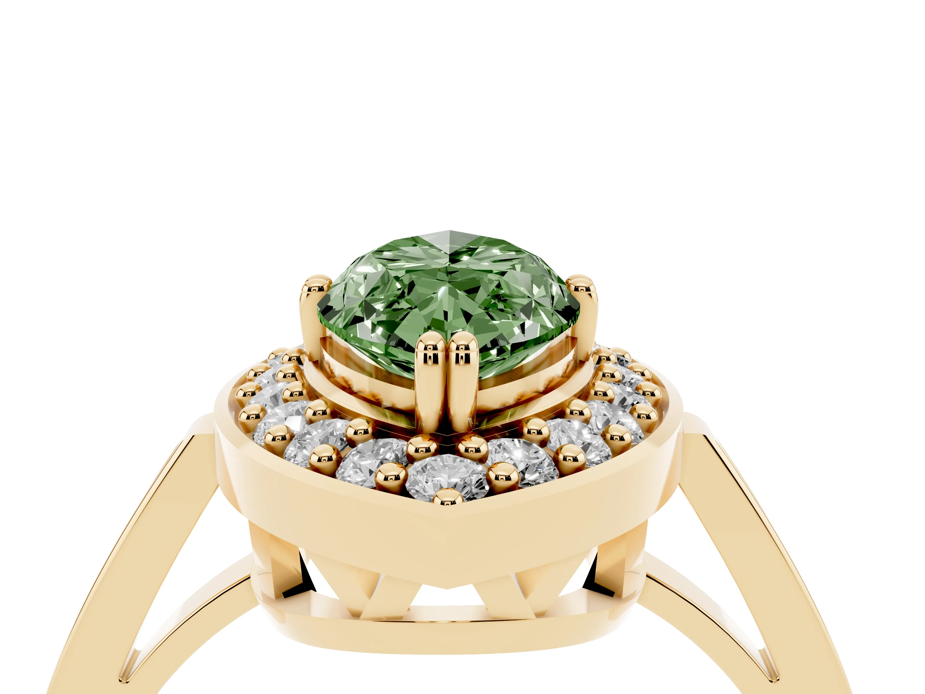 Fancy Green Marquise Cut Diamond Halo Ring Set in Yellow gold with Accent-Lined Split Shank and Prong Setting