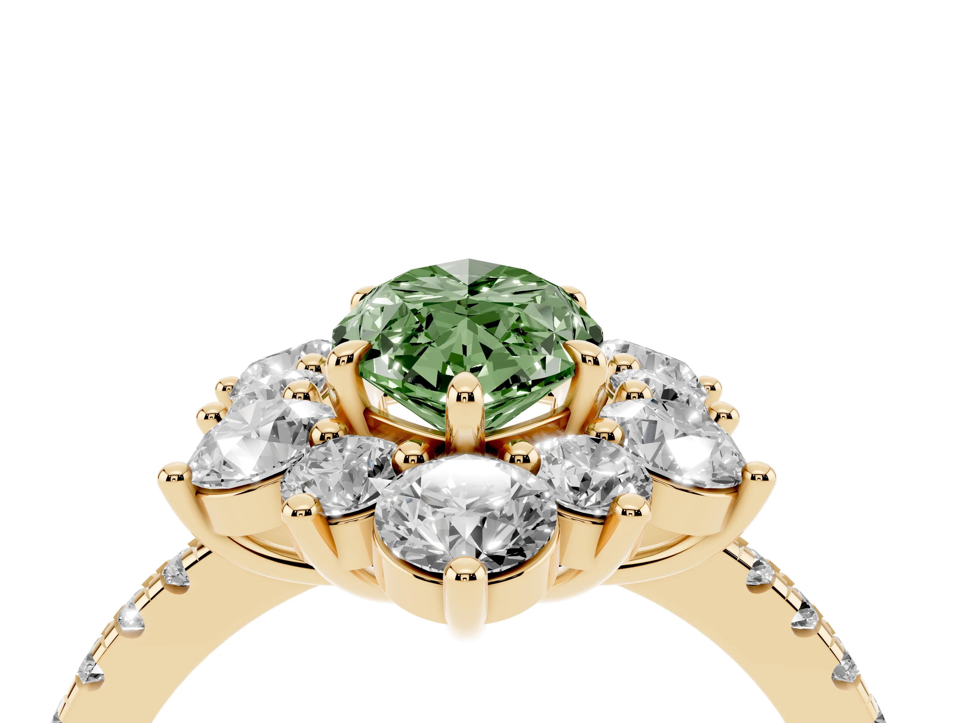 Fancy Green Marquise Cut Diamond Floral Halo Ring Set in Yellow gold with Round Pavé Band and Prong Setting