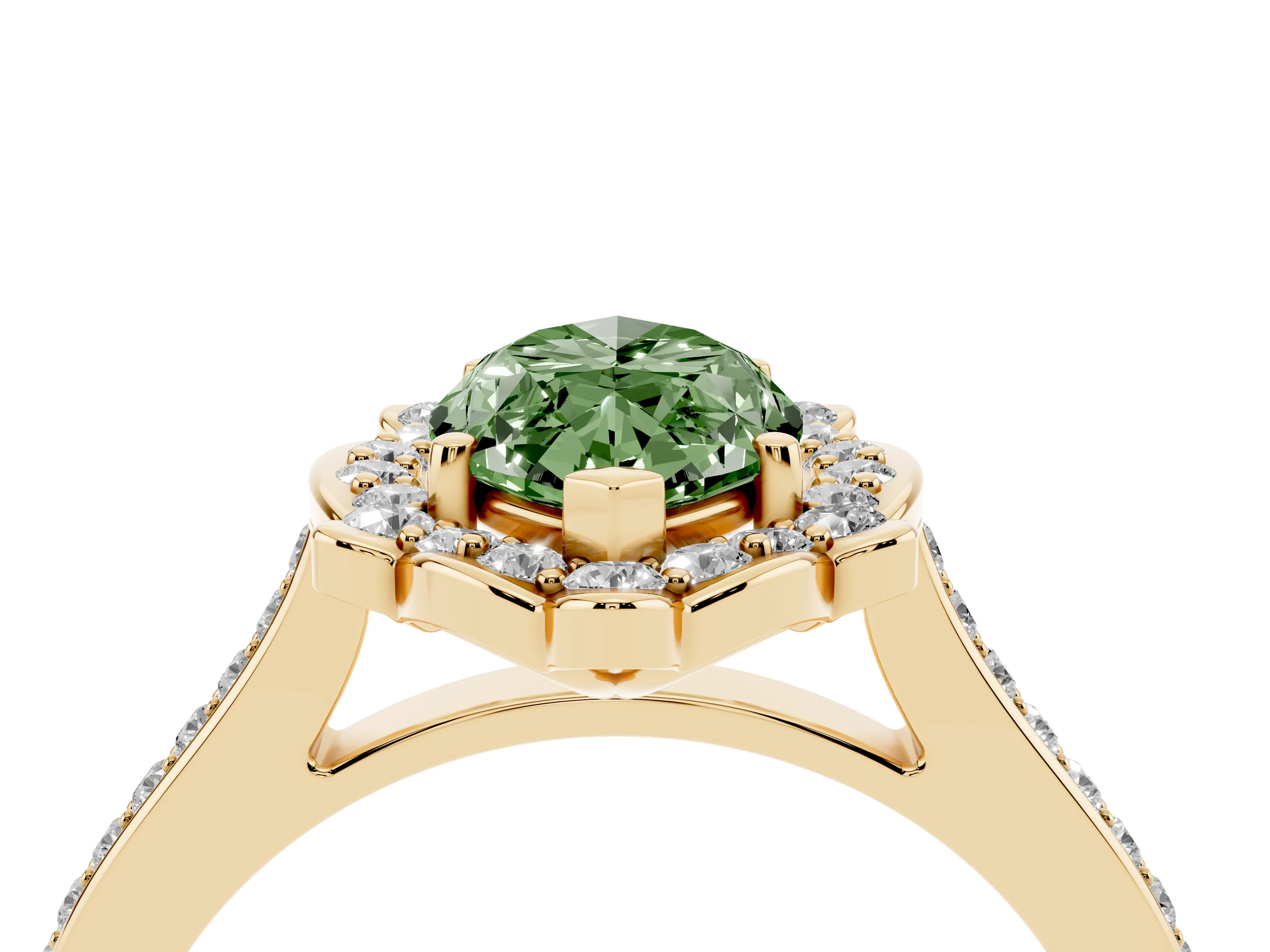 Fancy Green Marquise Cut Diamond Halo Ring Set in Yellow gold with Pavé-Lined Shoulders and Prong Setting