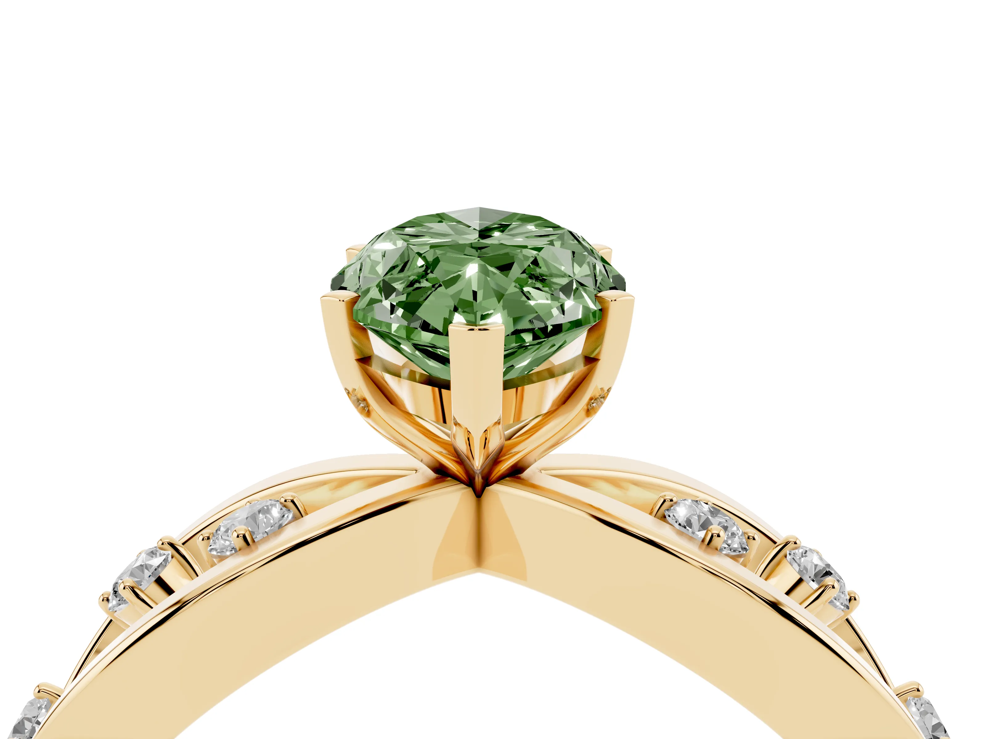 Fancy Green Marquise Cut Diamond Solitaire Ring Set in Yellow gold with Side Stones on Criss-Cross Band and Prong Setting