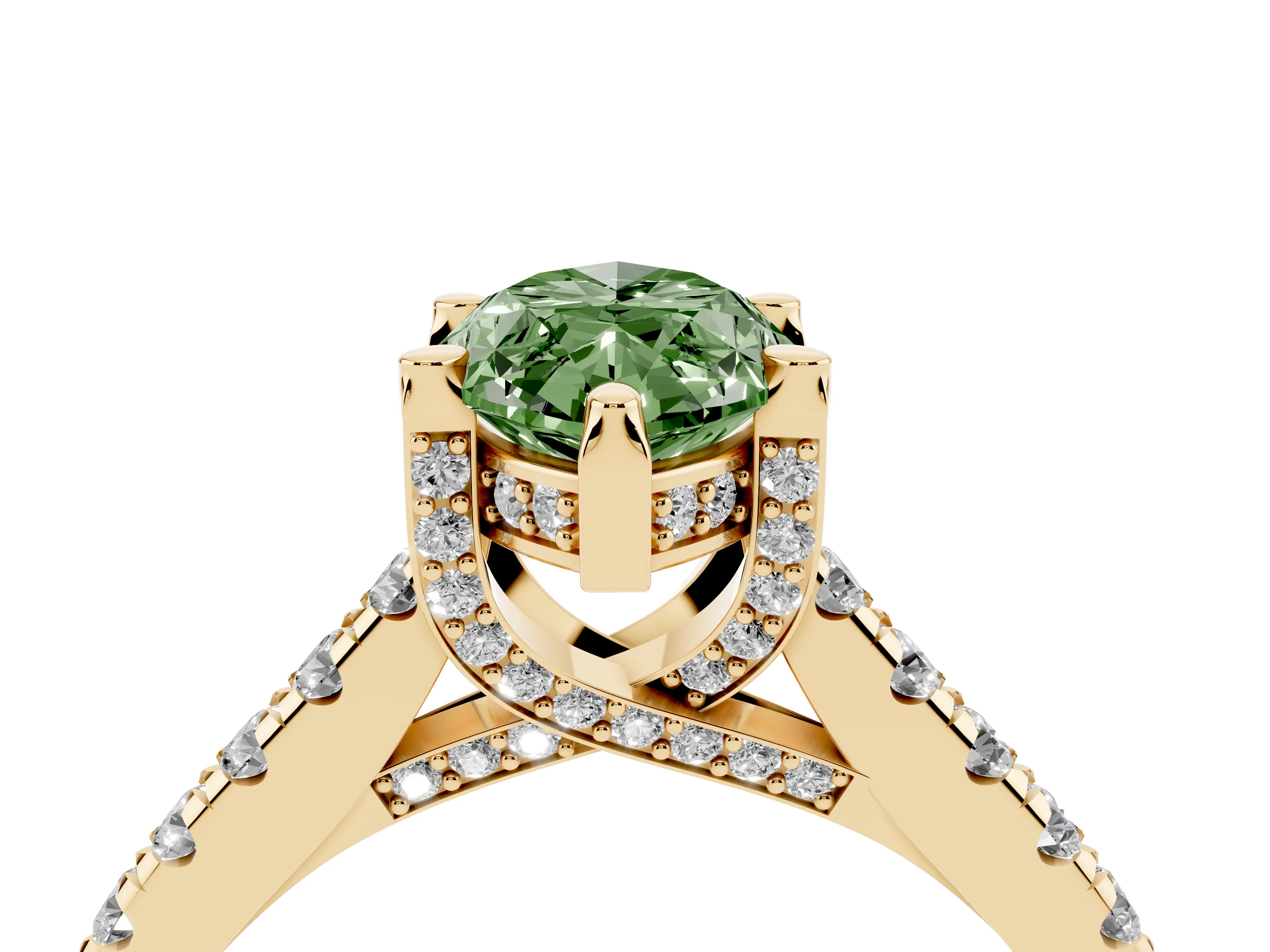 Fancy Green Marquise Cut Diamond Solitaire Ring Set in Yellow gold with Brilliant Pavé Band and Prong Setting