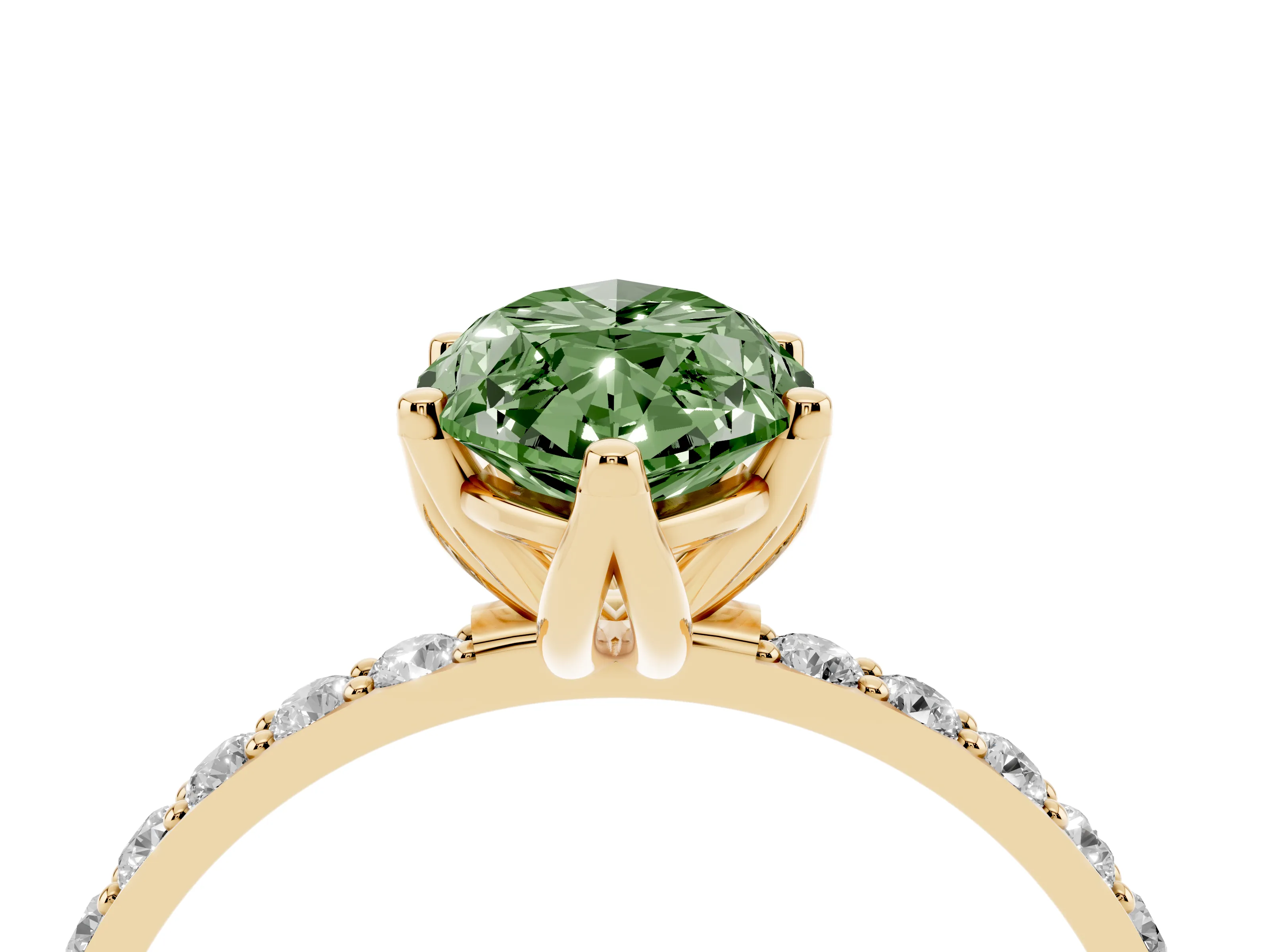 Fancy Green Marquise Cut Diamond Solitaire Engagement Ring Set in Yellow gold with Round Pavé Band and Prong Setting