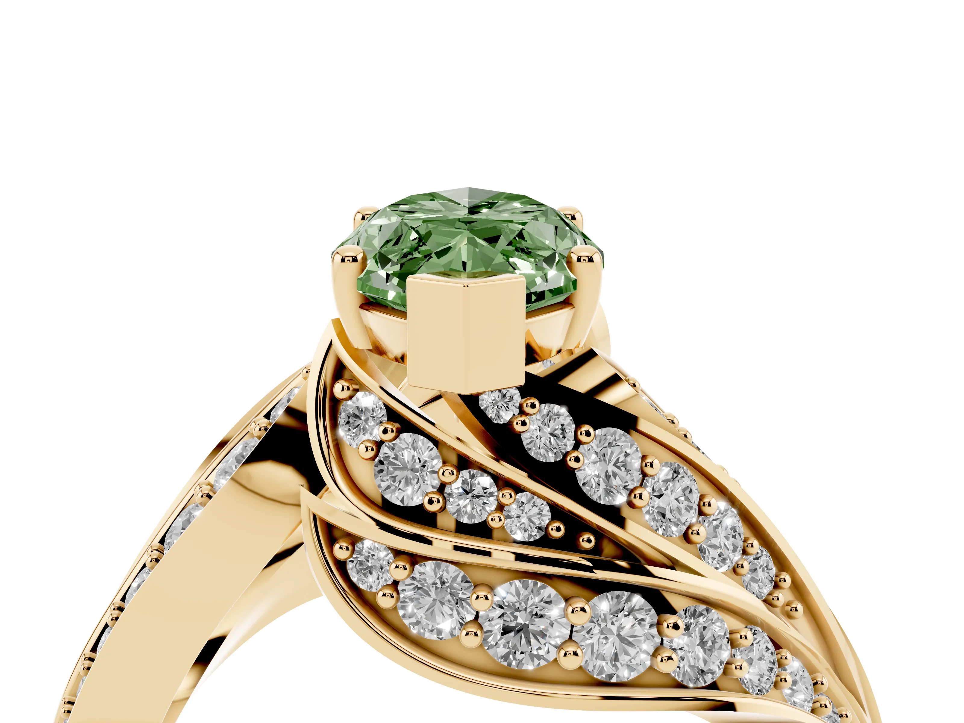 Fancy Green Marquise Cut Diamond Solitaire Ring Set in Yellow gold with Layered Twist Pavé Band