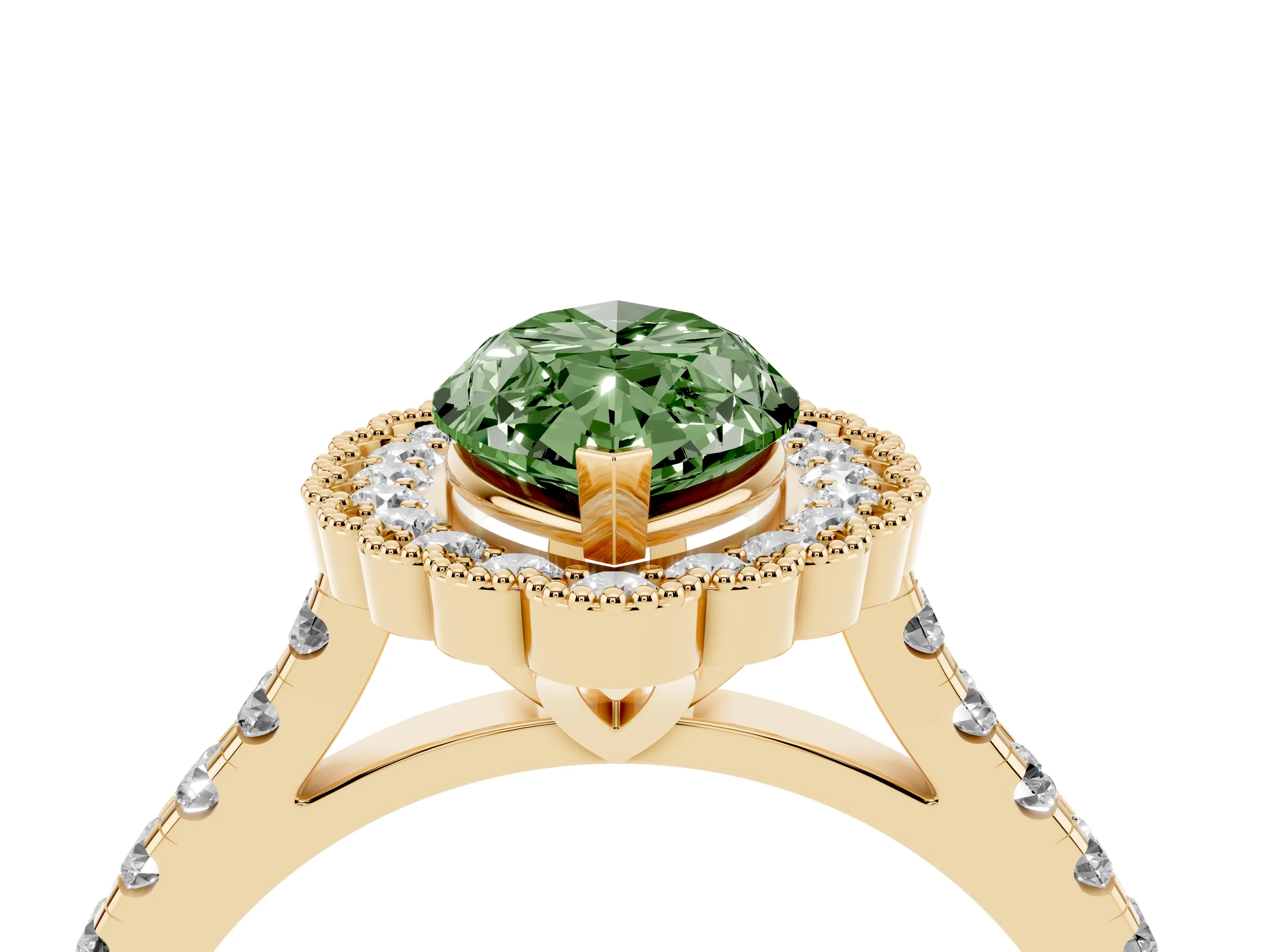 Fancy Green Marquise Cut Diamond Milgrain Floral Halo Engagement Ring Set in Yellow gold with Pavé Band
