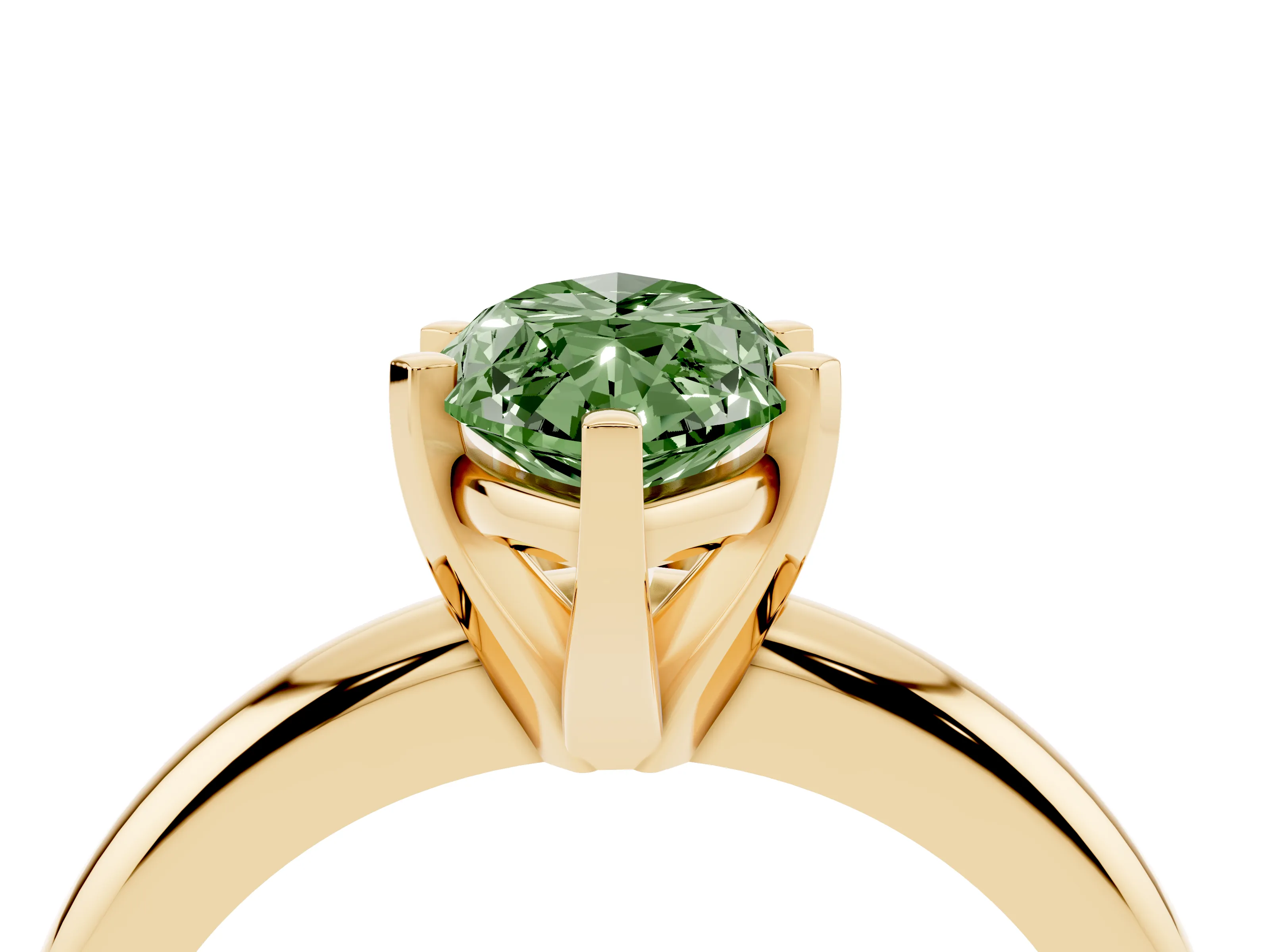 Fancy Green Marquise Cut Diamond Solitaire Engagement Ring Set in Yellow gold with Round Band and Prong Setting