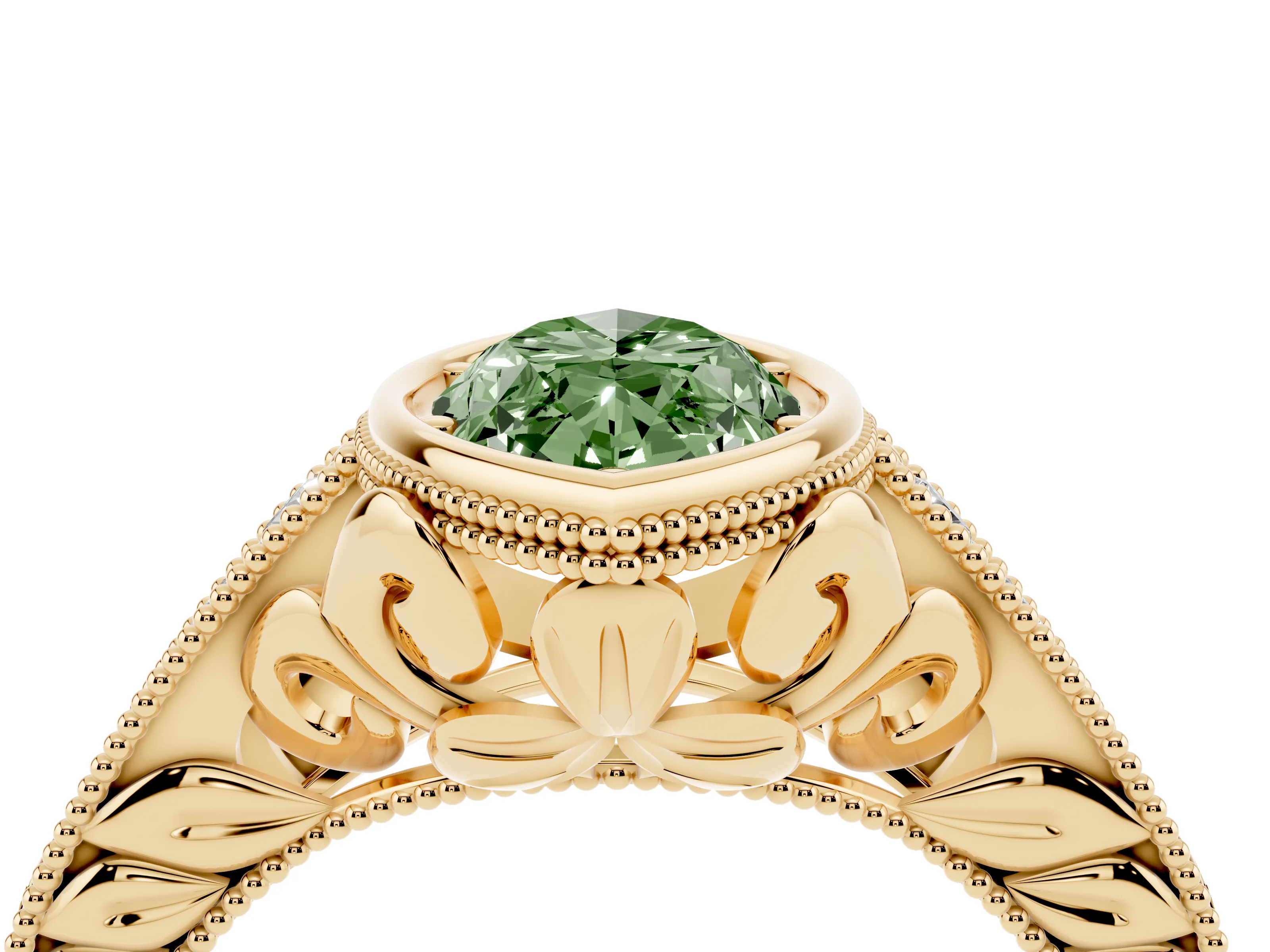Fancy Green Bezel Set Marquise Cut Diamond Milgrain Pavé Engagement Ring Set in Yellow gold