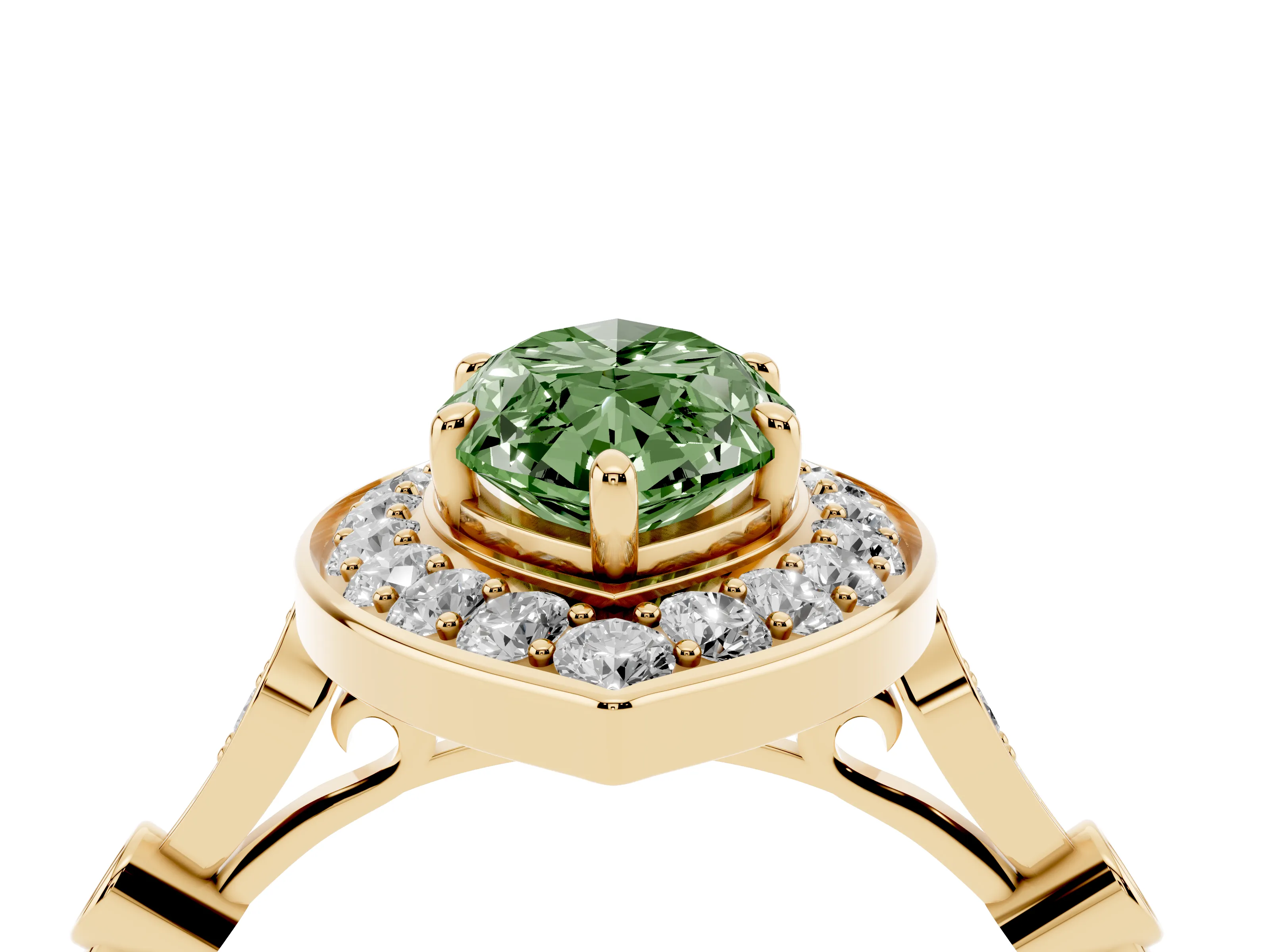 Fancy Green Marquise Cut Diamond Halo Engagement Ring Set in Yellow gold with Twisted Band and Prong Setting