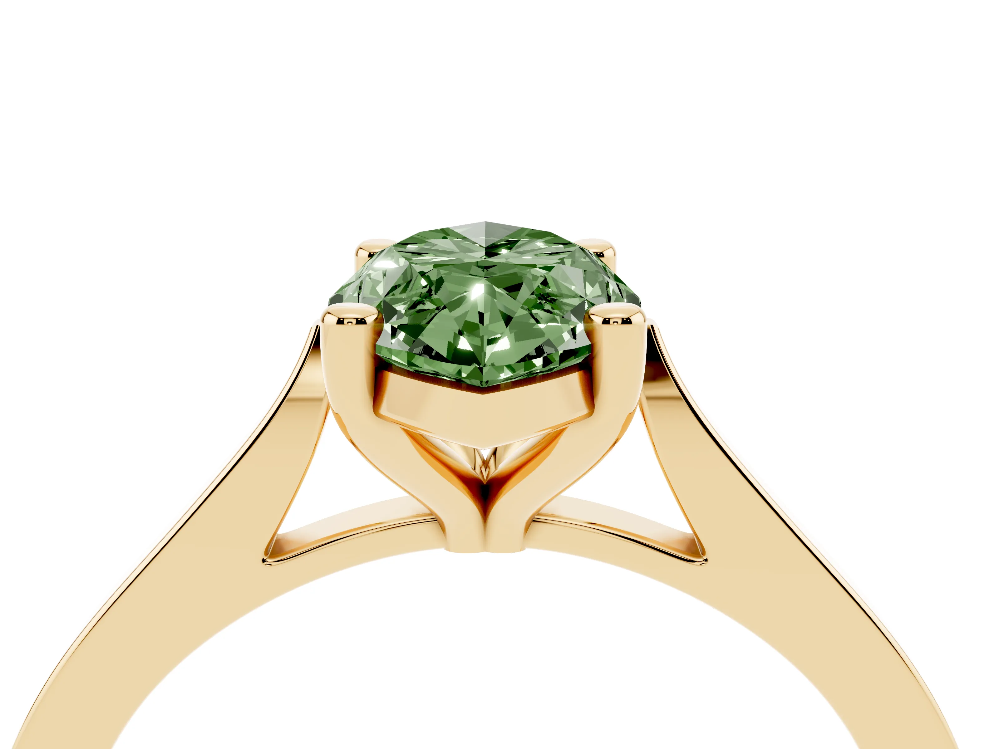 Fancy Green Marquise Cut Diamond Solitaire Ring Set in Yellow gold with Prong Setting and Tapered Band