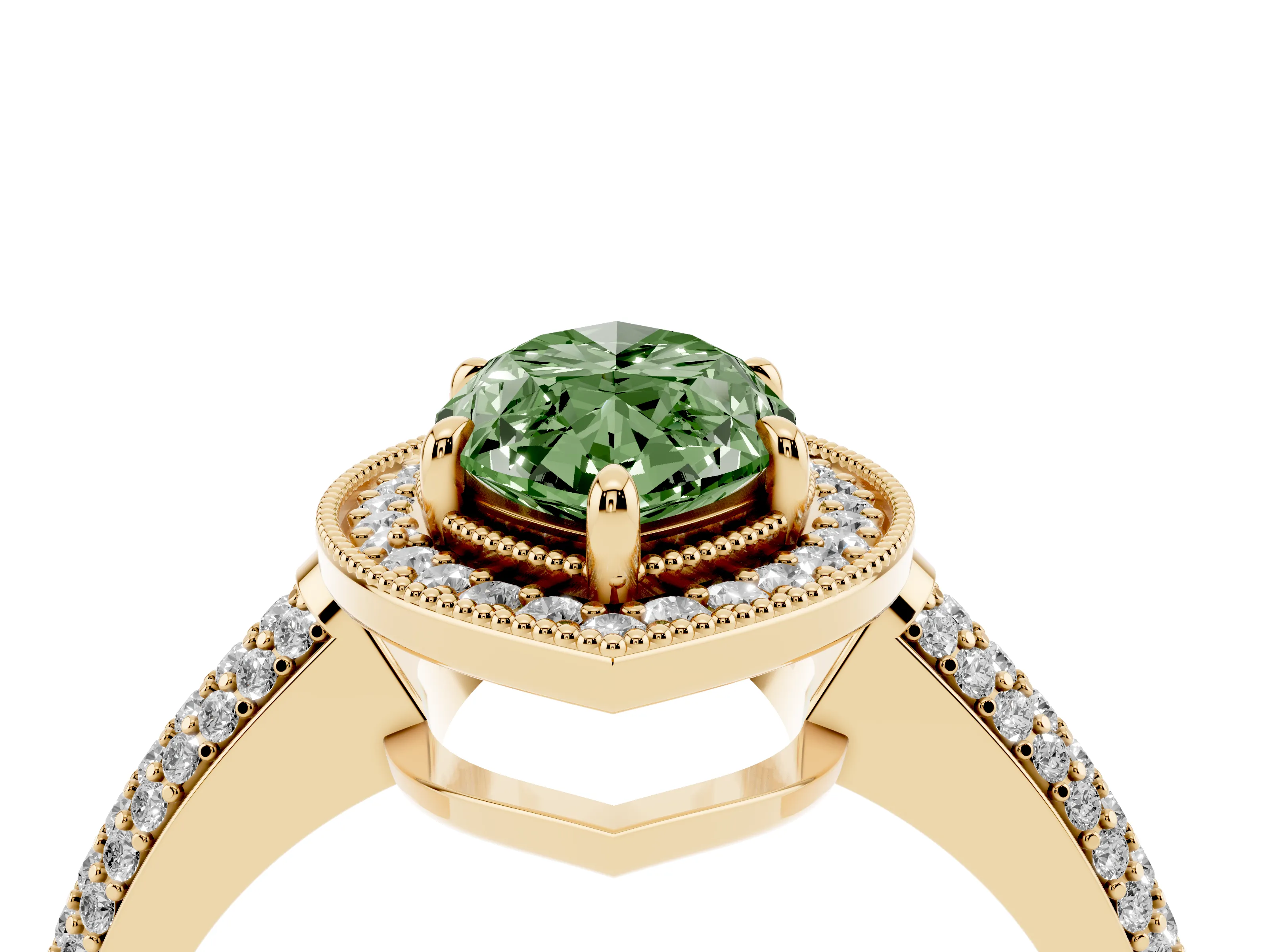 Fancy Green Marquise Cut Diamond Halo Pavé Band Set in Yellow gold with Prong Setting