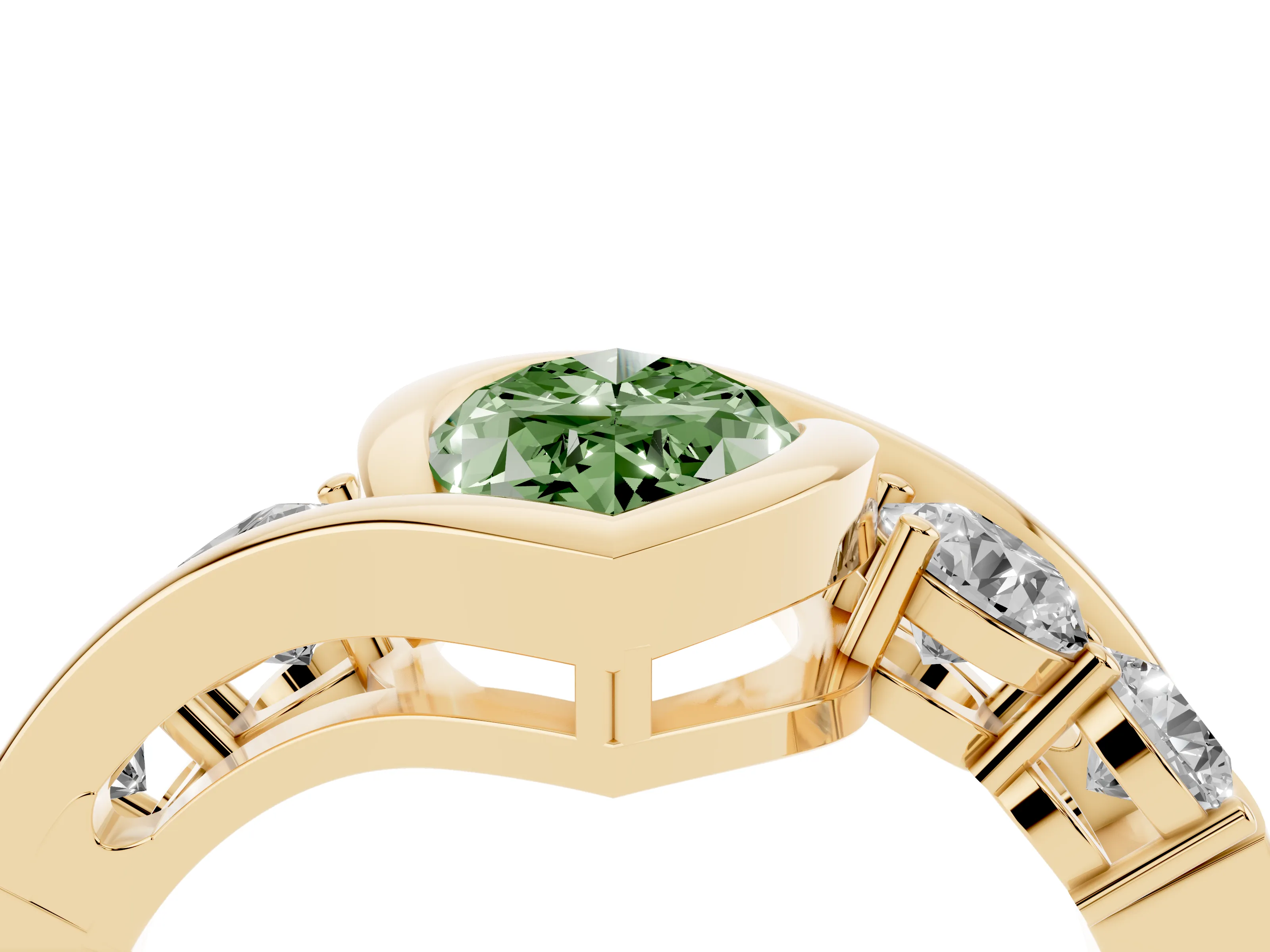 Fancy Green Marquise Cut Diamond Bezel Bypass Ring Set in Yellow gold with Round Accents