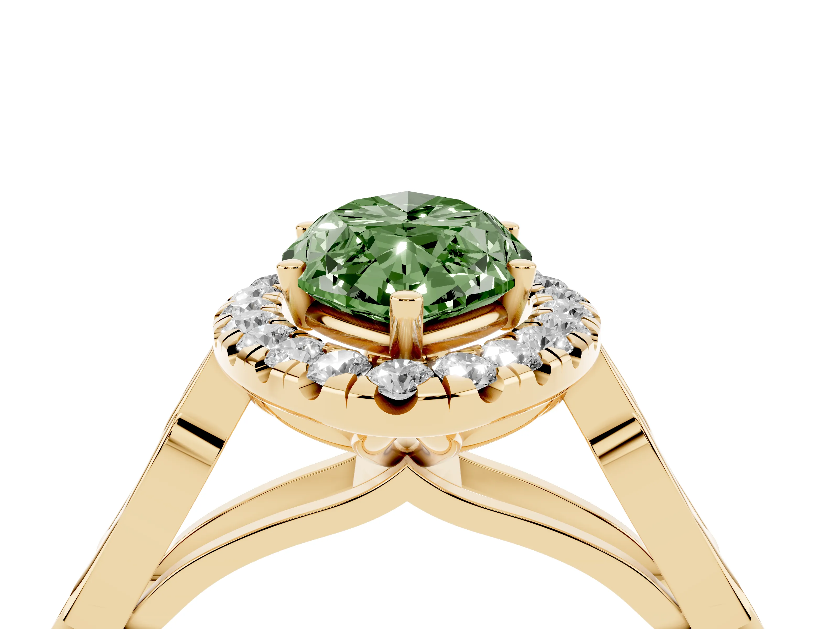 Fancy Green Marquise Cut Diamond Halo Engagement Ring Set in Yellow gold with Filigree Band and Prong-Set Center
