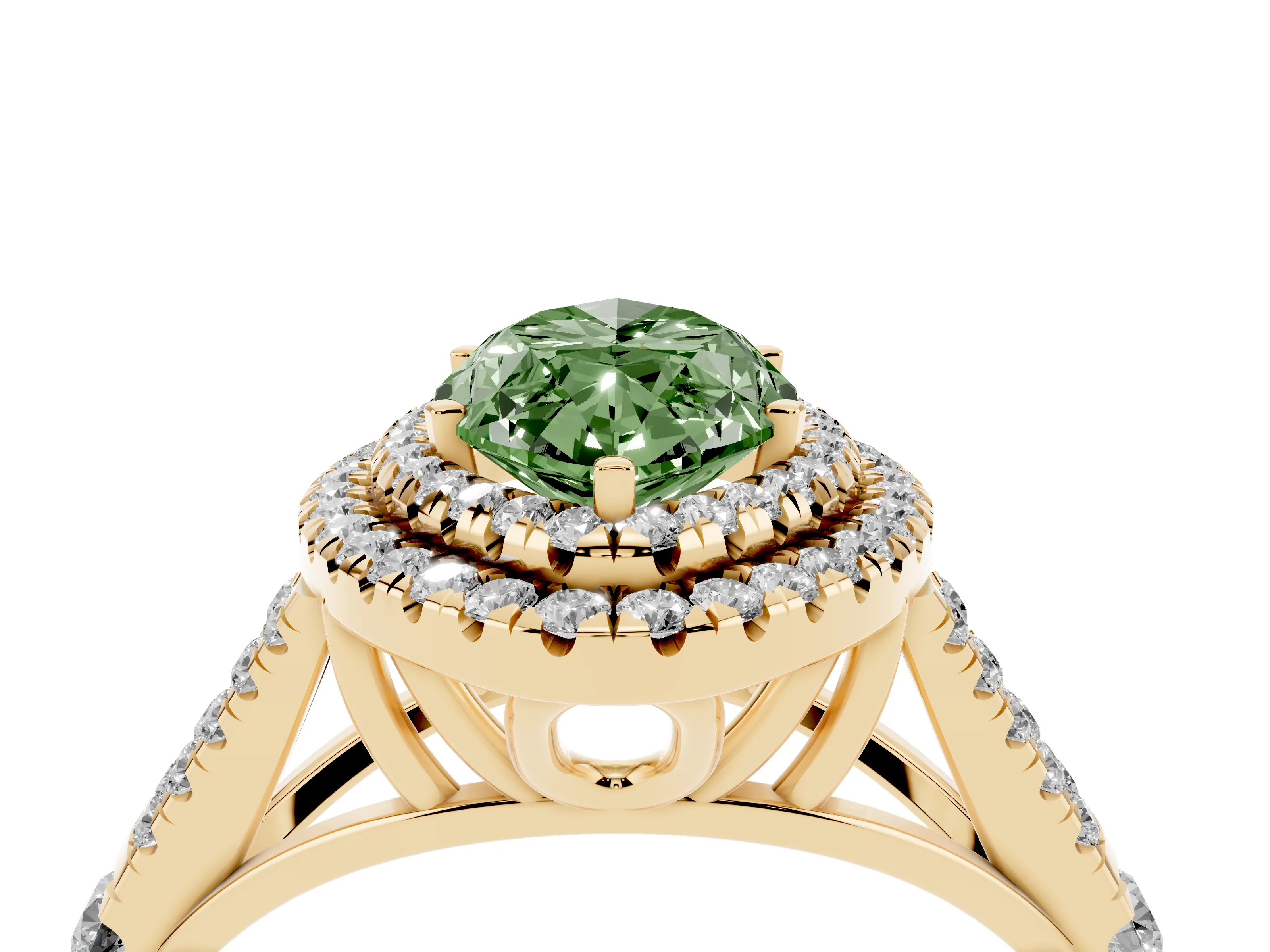 Fancy Green Marquise Cut Diamond Pavé Split Shank Double Halo Engagement Ring Set in Yellow gold