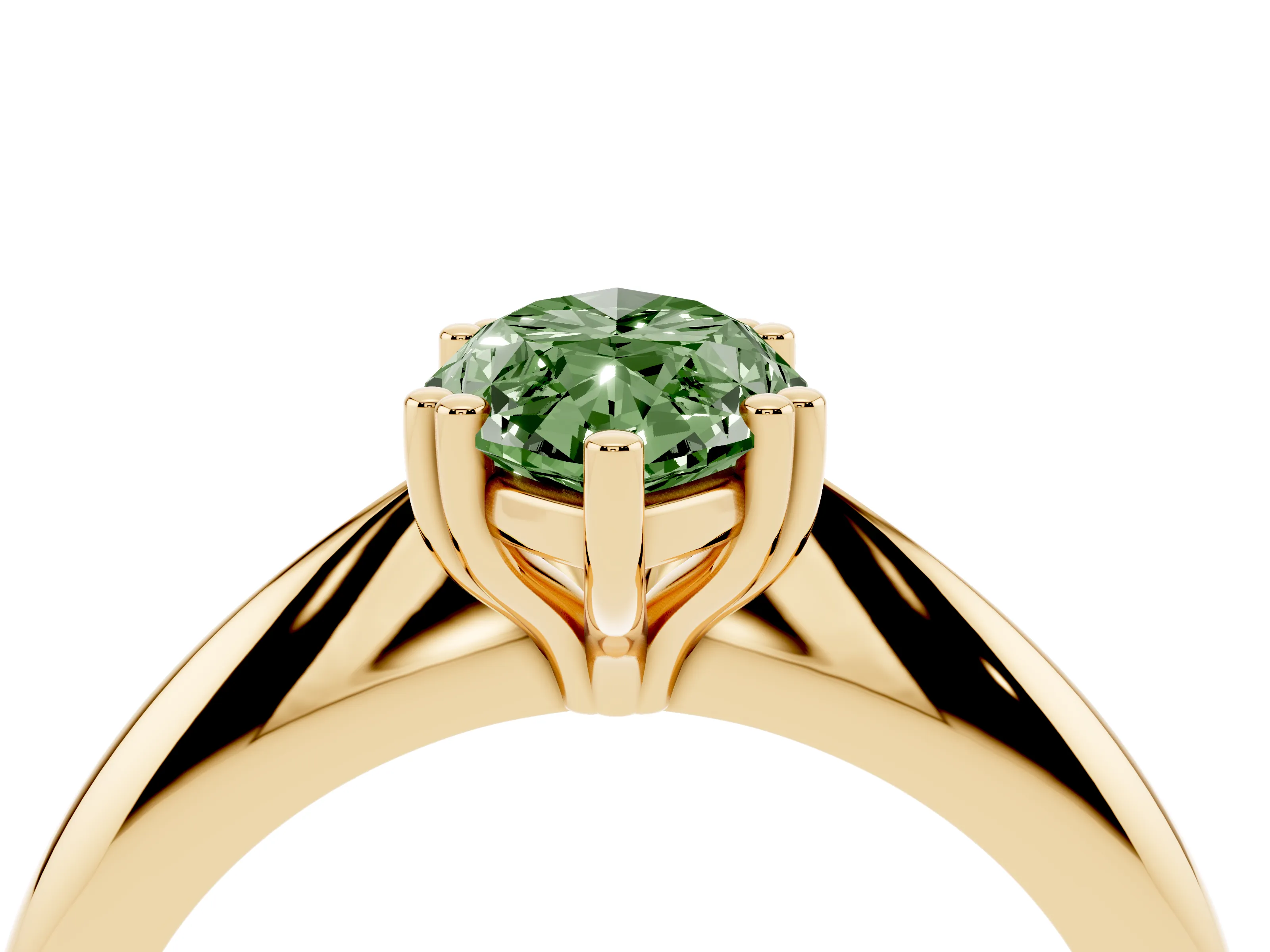 Fancy Green Marquise Cut Diamond Solitaire Engagement Ring Set in Yellow gold with Tapered Band and Prong Setting