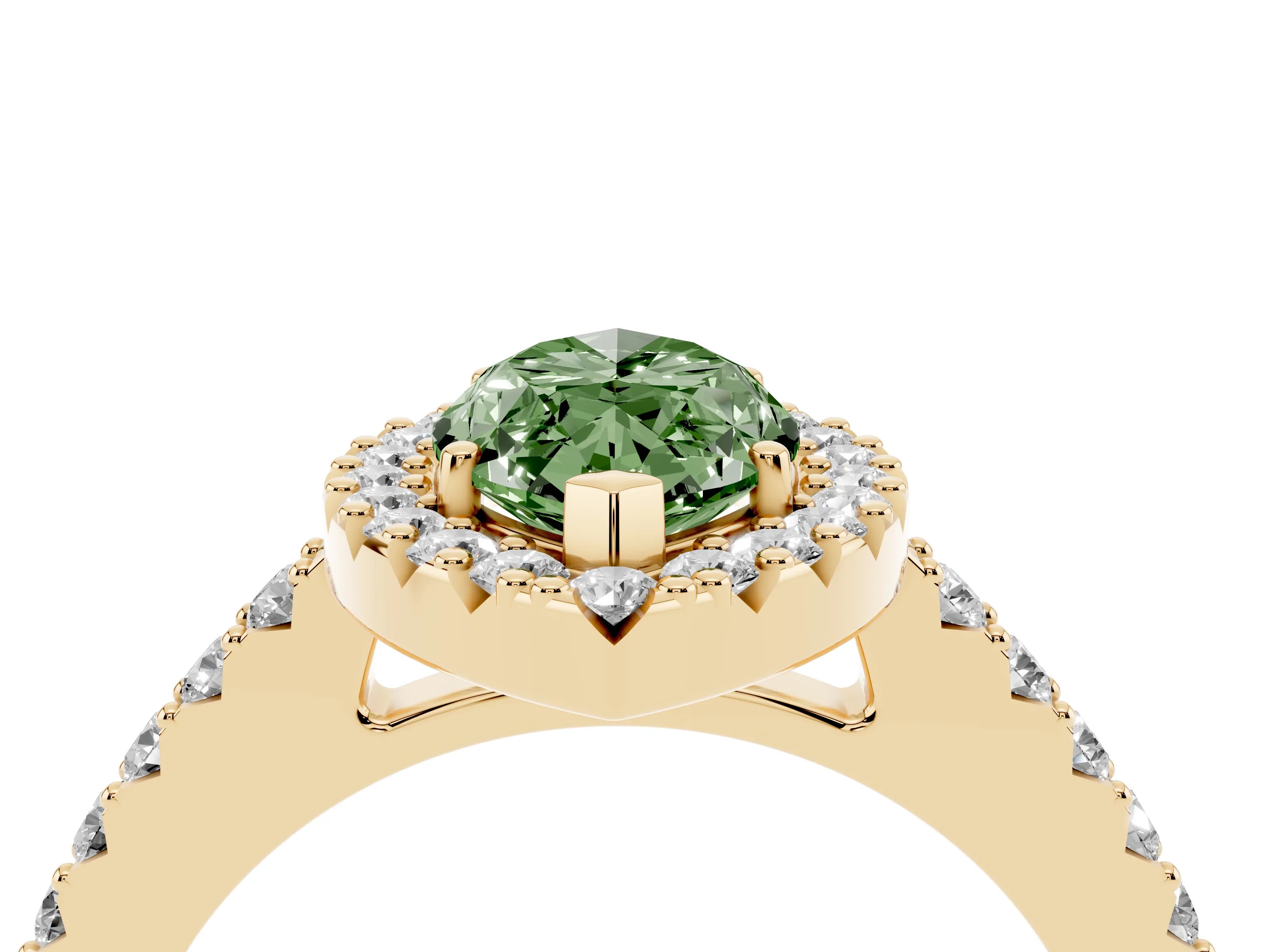 Fancy Green Marquise Cut Diamond Halo Pavé Solitaire Ring Set in Yellow gold with Prong-Set Center Stone
