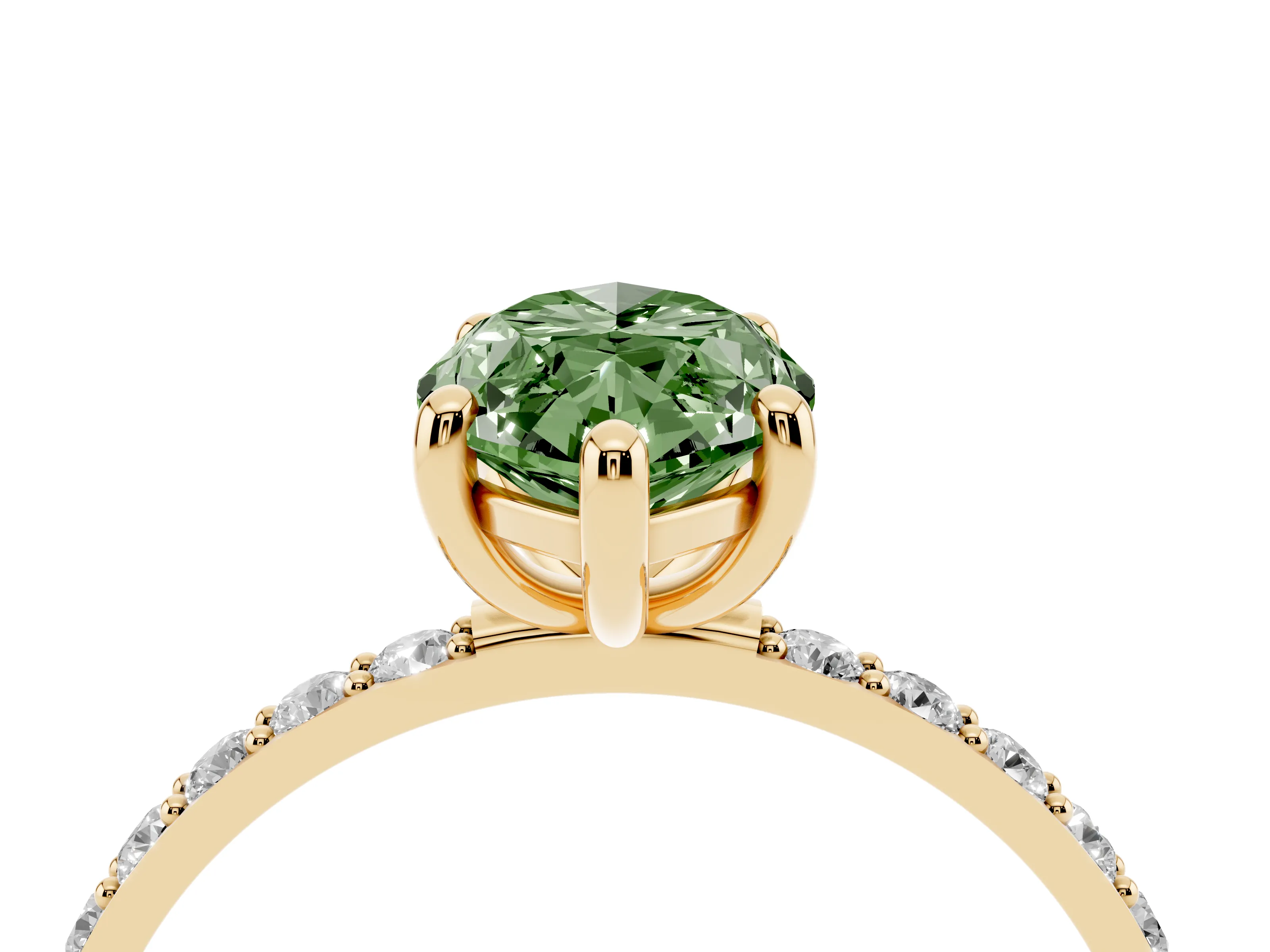 Fancy Green Marquise Cut Diamond Solitaire Ring Set in Yellow gold with Round Pavé Band and Prong Setting