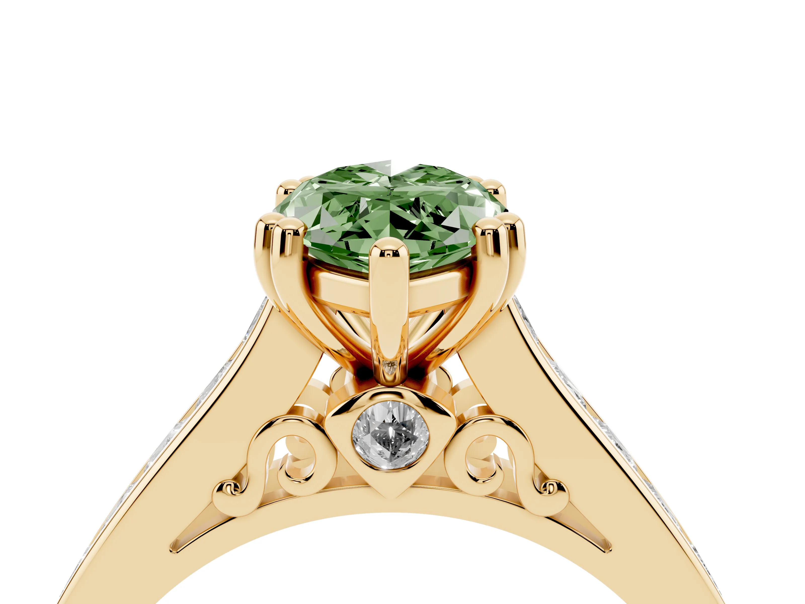 Fancy Green Marquise Cut Diamond Channel Set Solitaire Engagement Ring Set in Yellow gold with Prong Setting