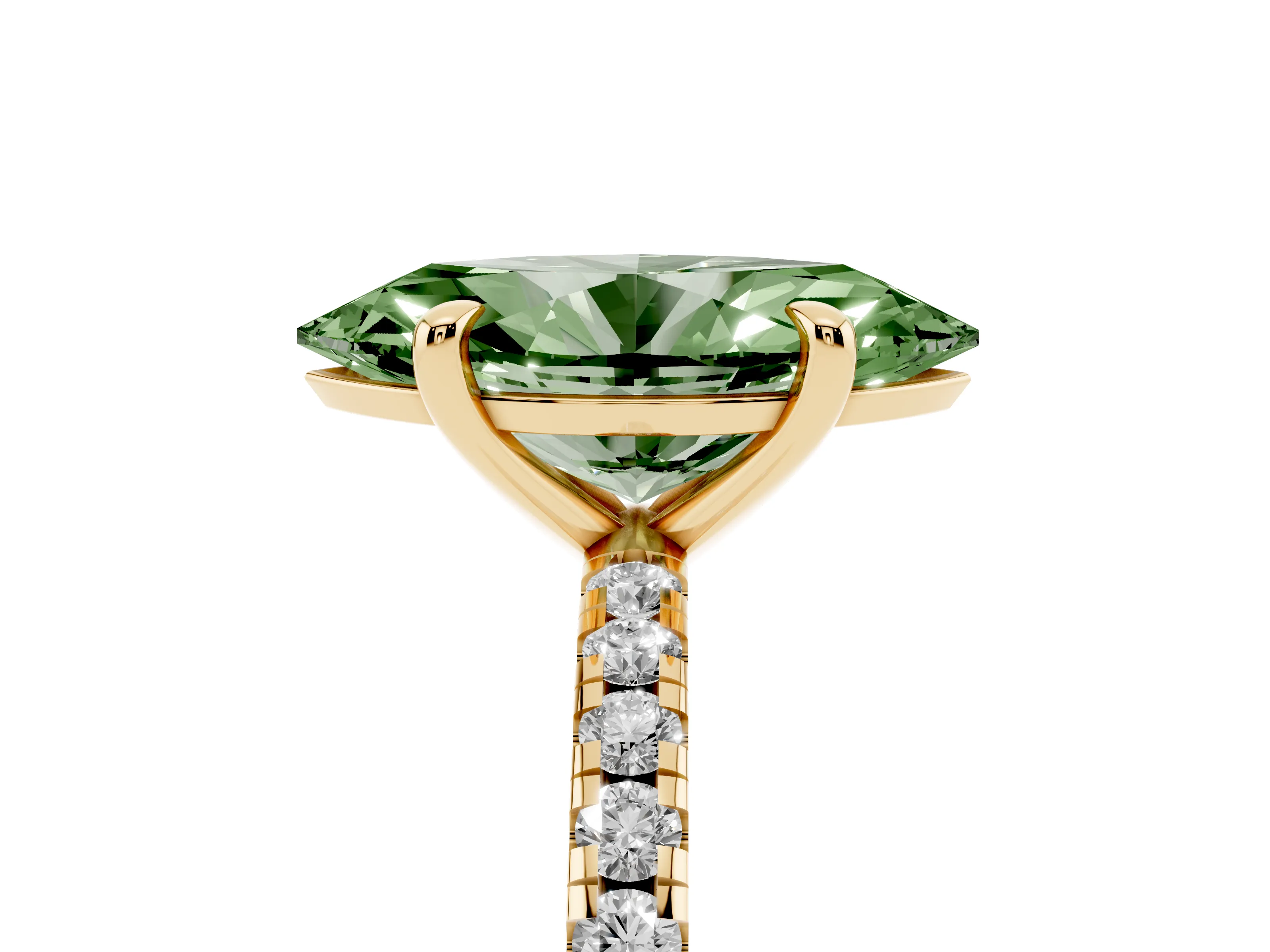 Fancy Green Marquise Cut Diamond Brilliant Solitaire Ring Set in Yellow gold with Pavé Band and Prong Setting