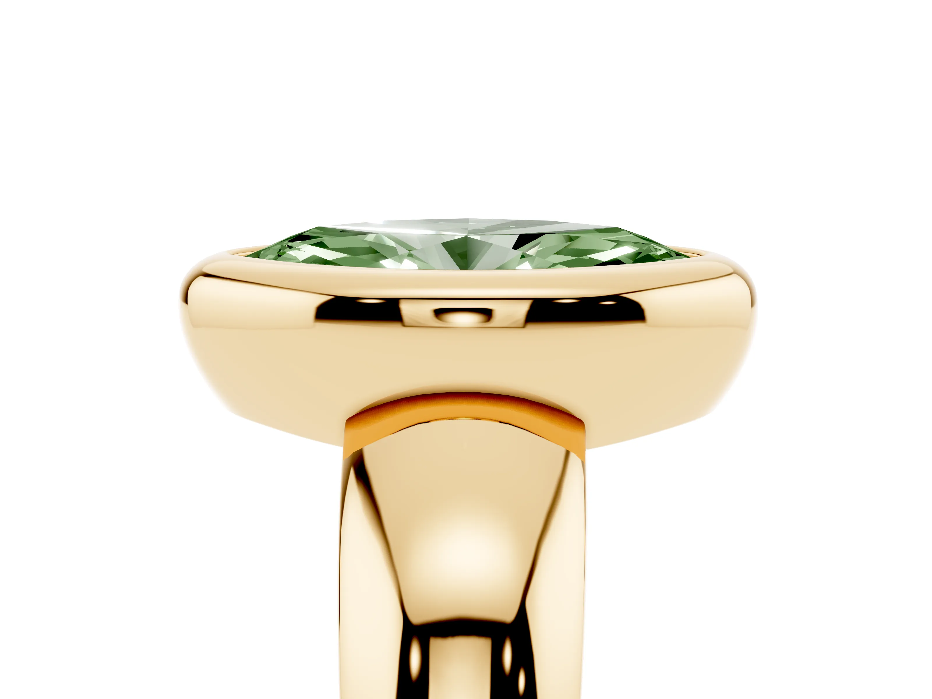 Fancy Green Bezel Set Marquise Cut Diamond Solitaire Ring Set in Yellow gold with Wide Band