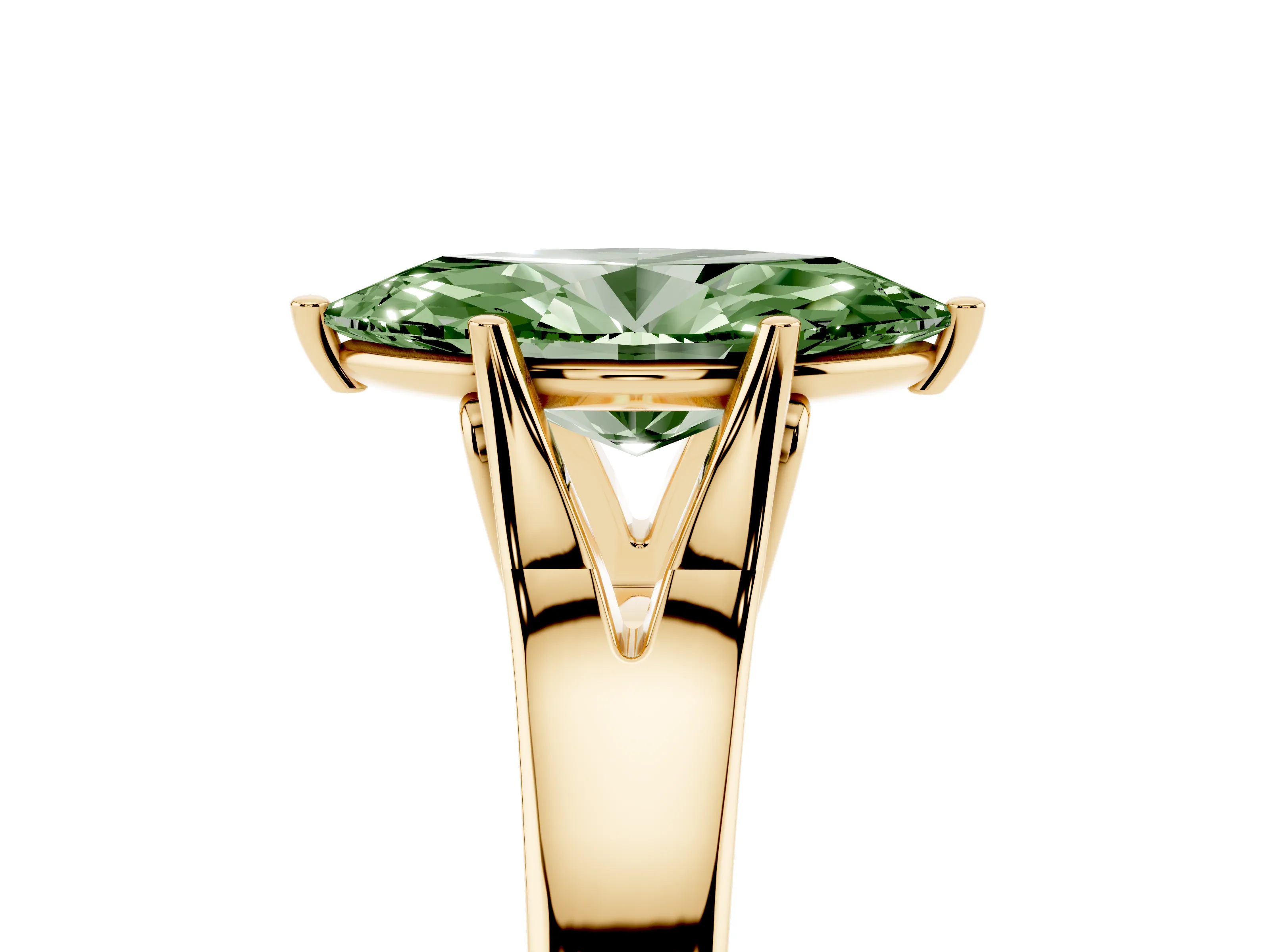 Fancy Green Marquise Cut Diamond Solitaire Ring Set in Yellow gold with Arched Cathedral Band and Prong Setting