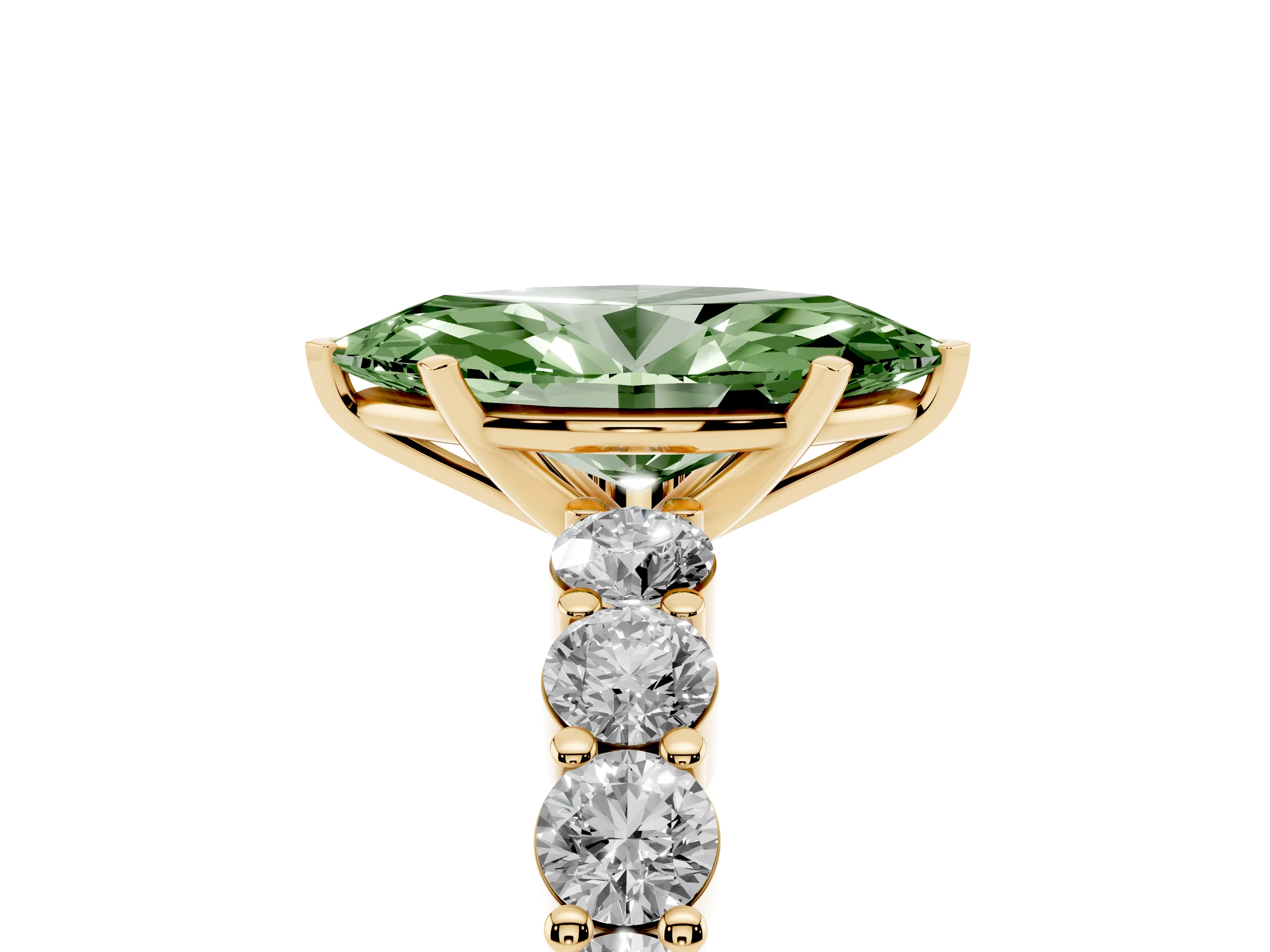 Fancy Green Marquise Cut Diamond Solitaire Ring Set in Yellow gold with Shared Prong Round Side Stones