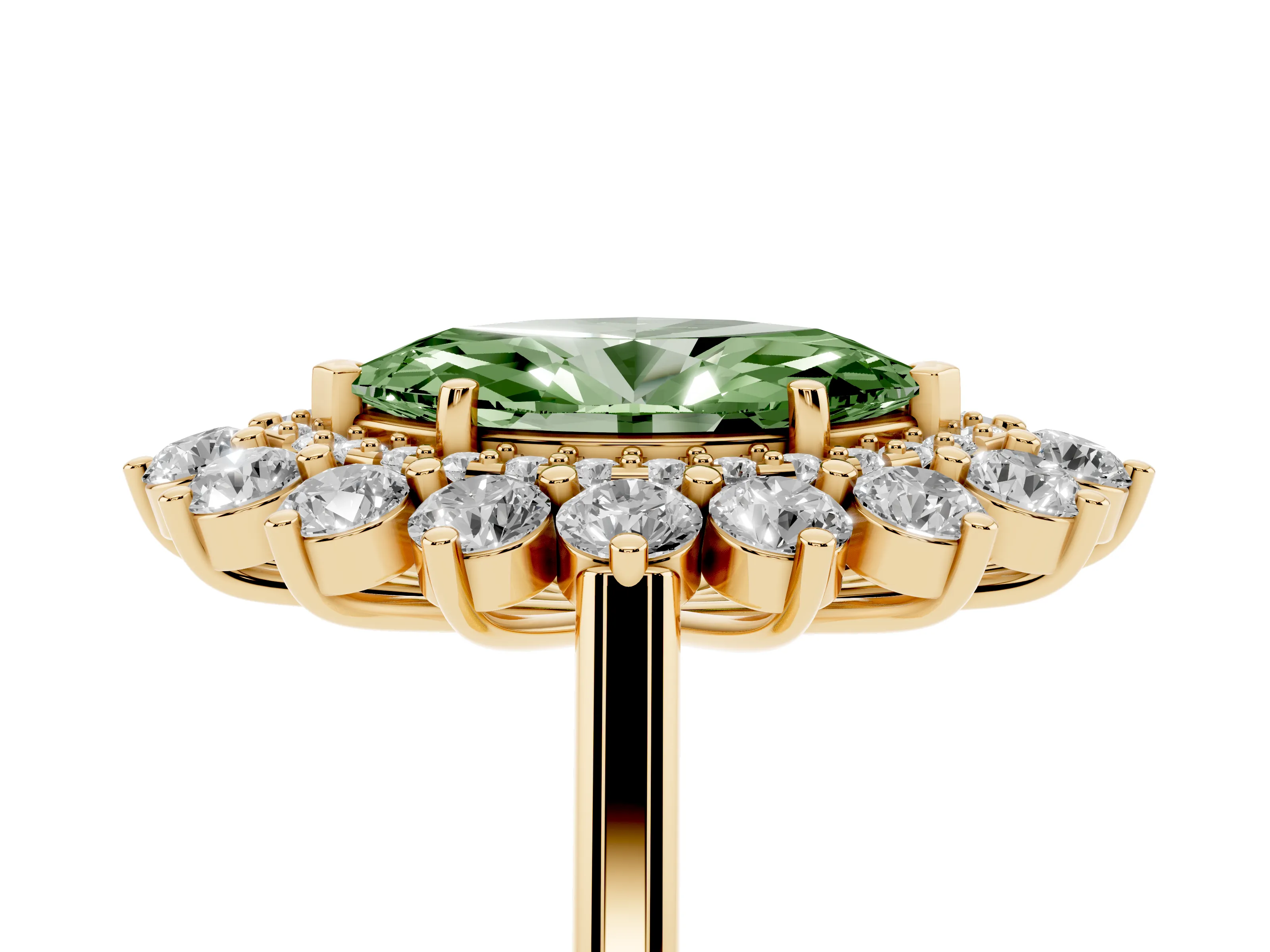 Fancy Green Marquise Cut Diamond Floral Double Halo Ring Set in Yellow gold with Round Petals