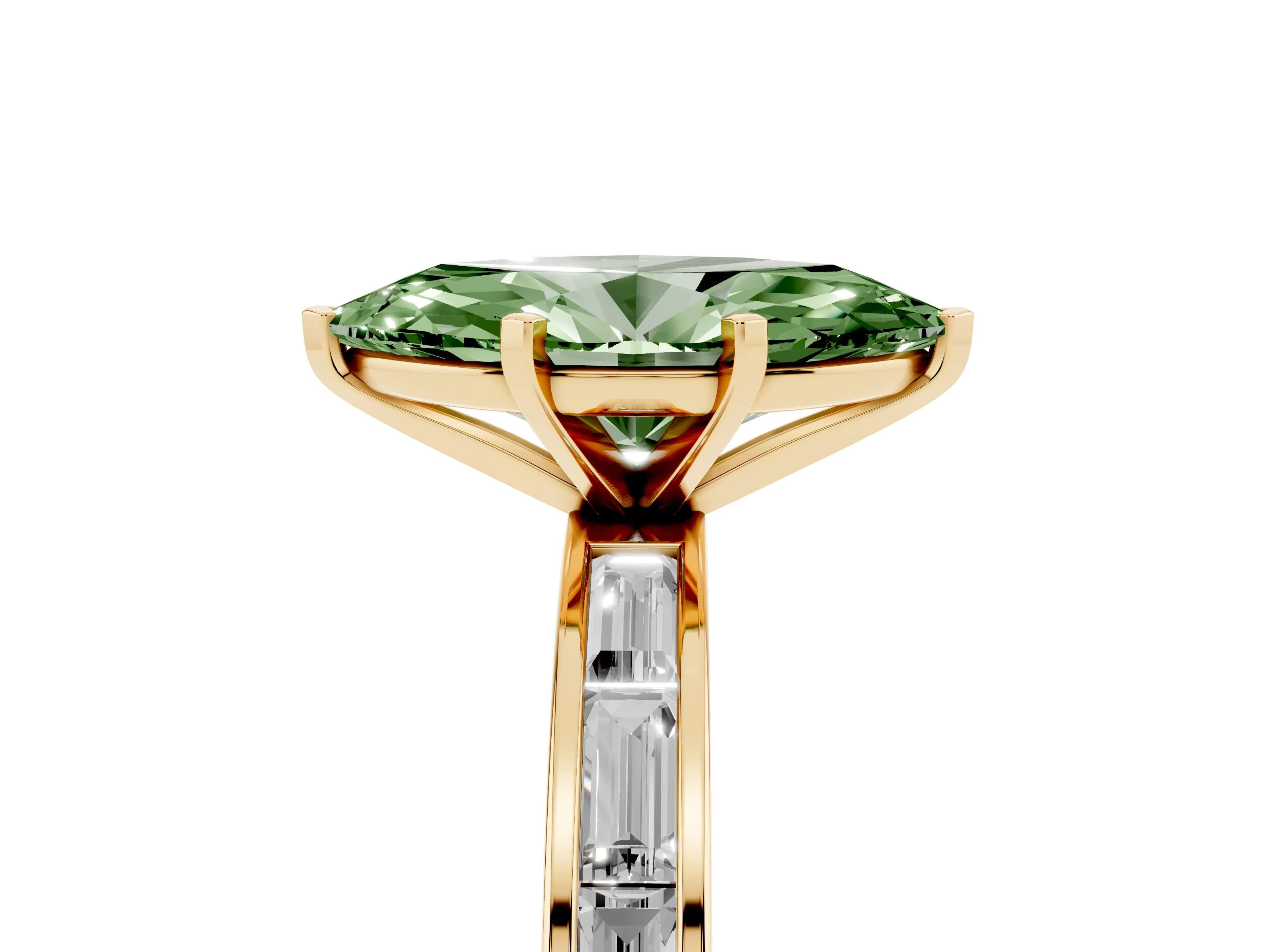 Fancy Green Marquise Cut Diamond Solitaire Ring Set in Yellow gold with Channel-Set Baguette Band and Prong Setting
