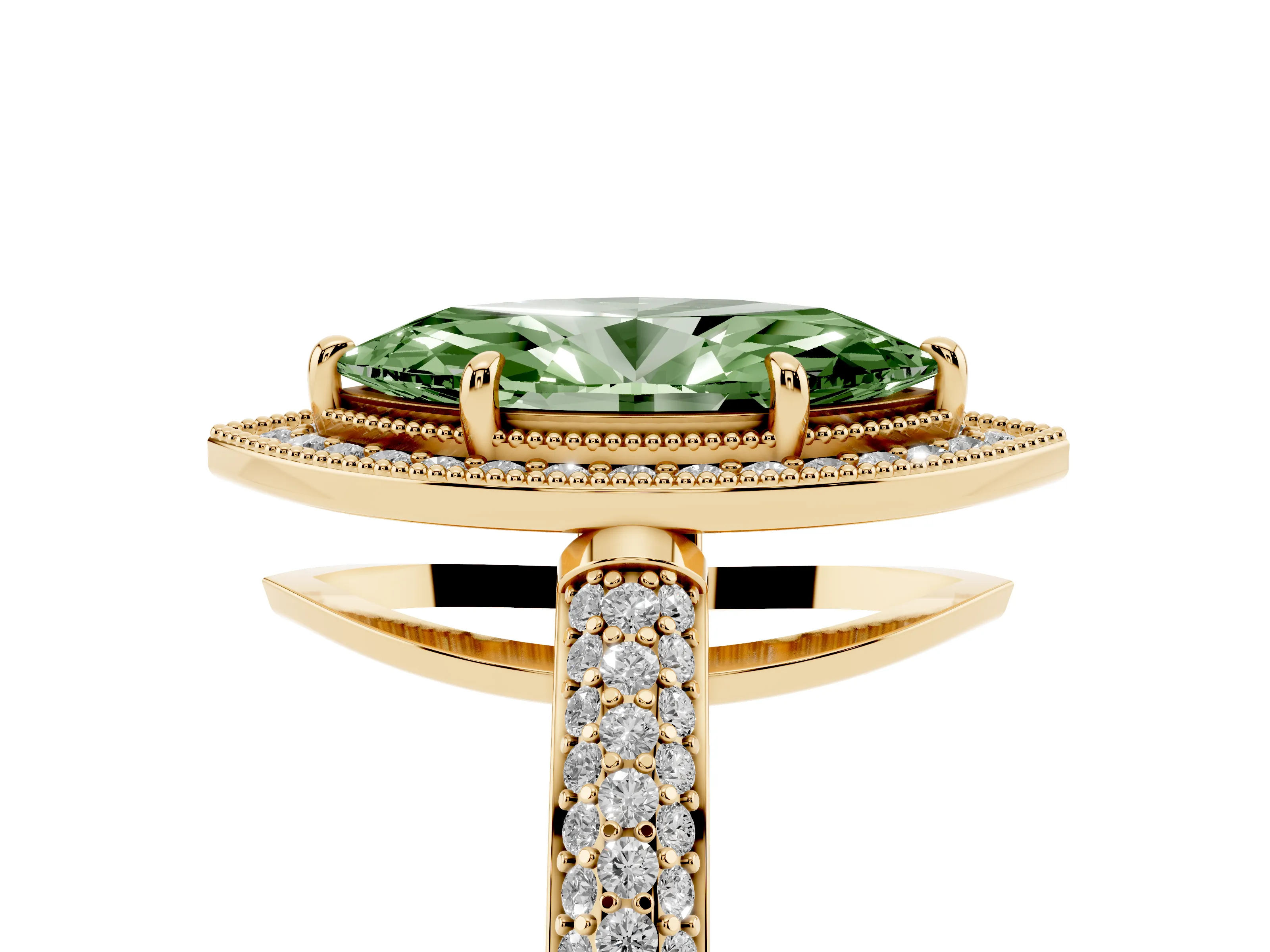 Fancy Green Marquise Cut Diamond Halo Pavé Band Set in Yellow gold with Prong Setting