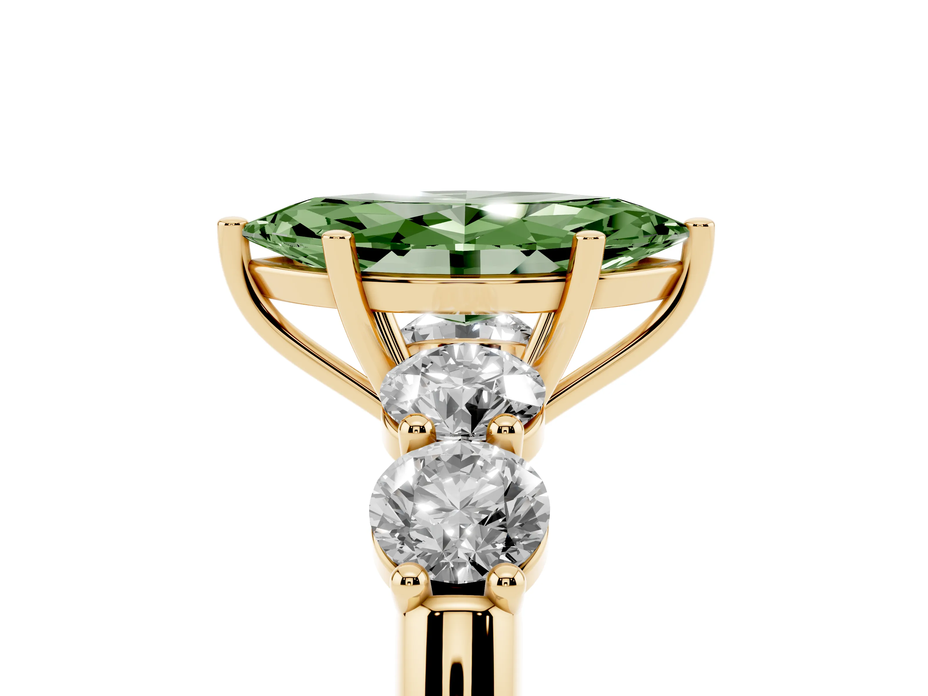 Fancy Green Marquise Cut Diamond Five-Stone Prong Set Ring Set in Yellow gold with Classic Band