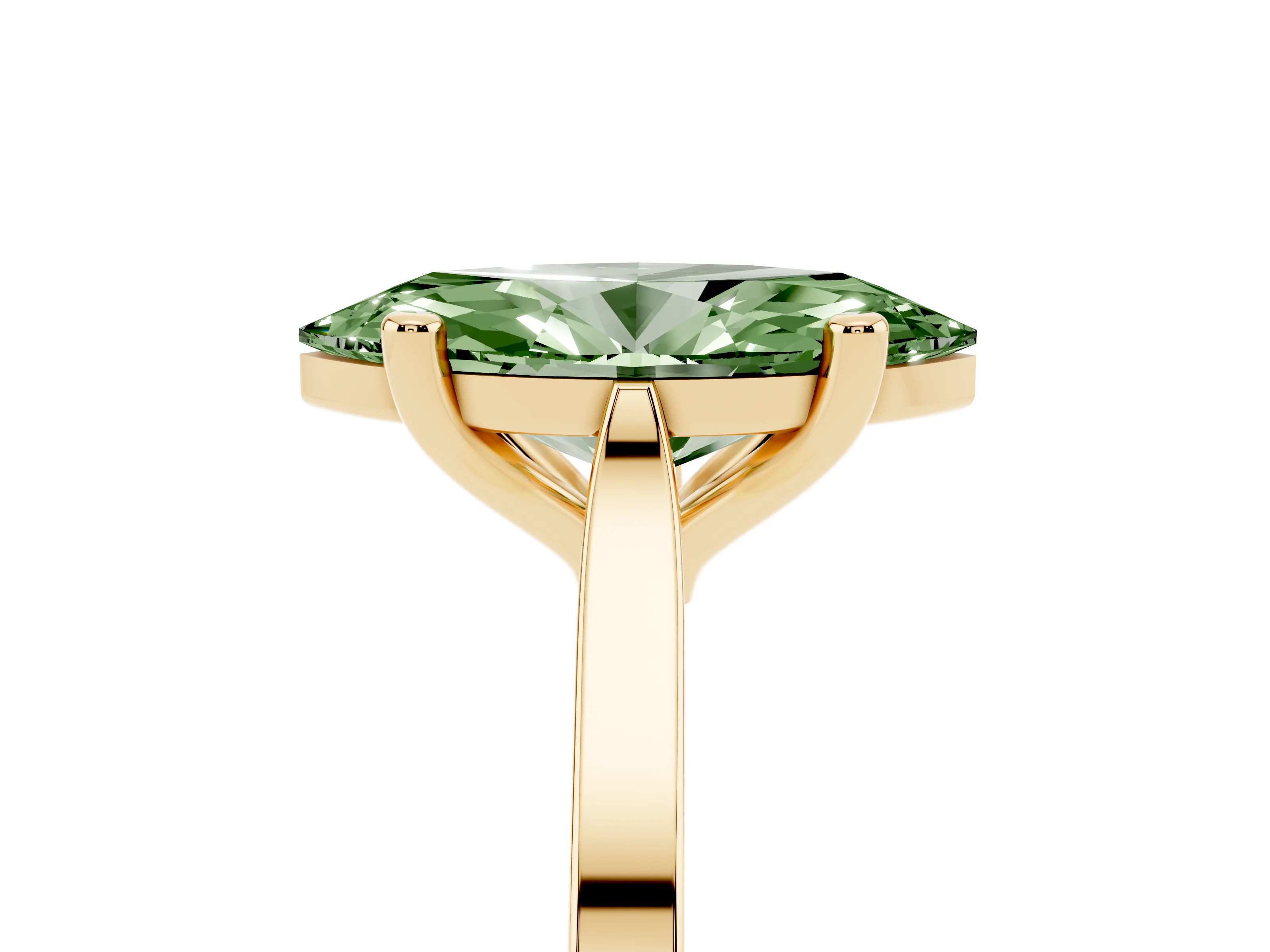 Fancy Green Marquise Cut Diamond Solitaire Ring Set in Yellow gold with Prong Setting and Tapered Band