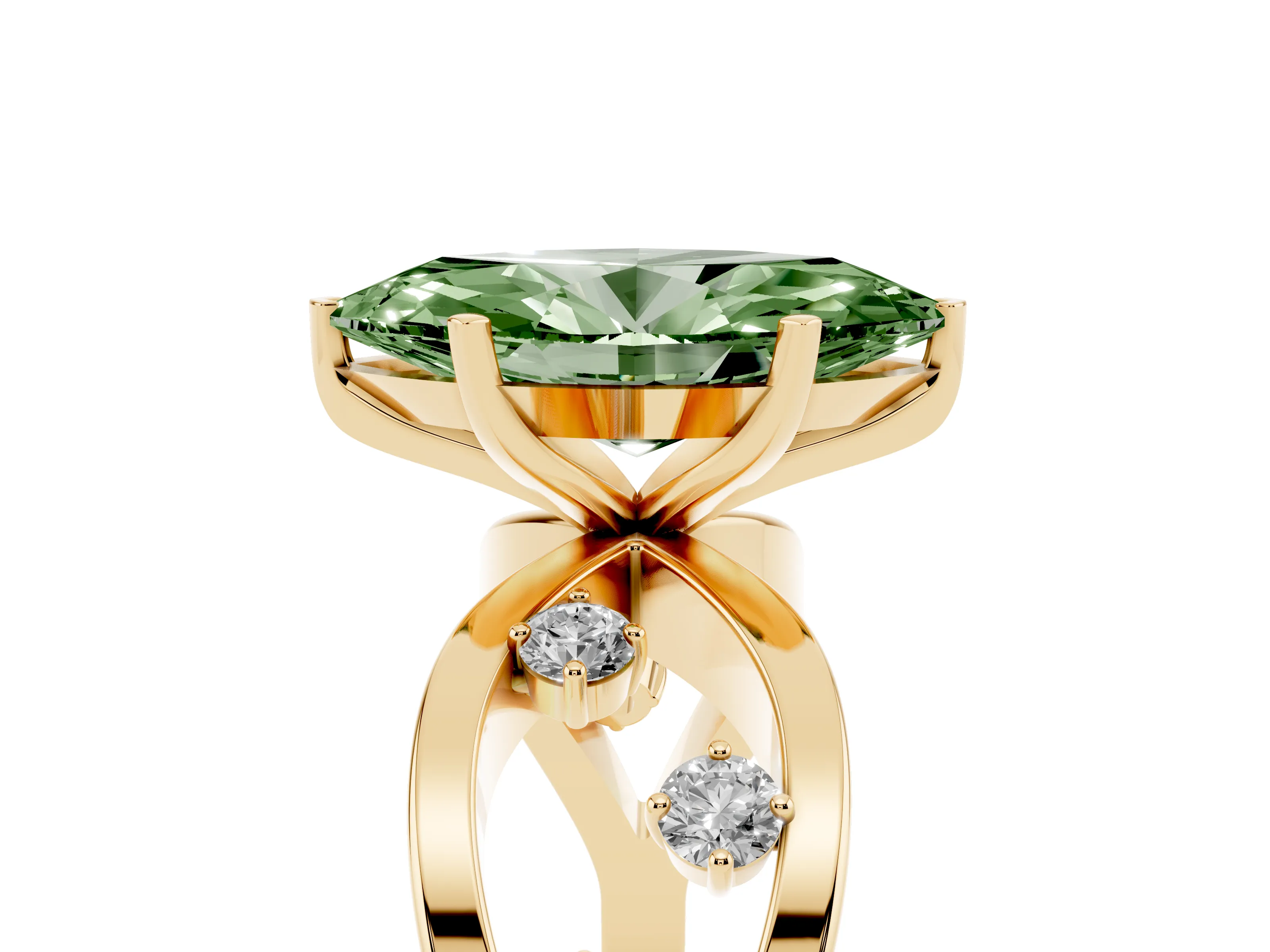 Fancy Green Marquise Cut Diamond Solitaire Ring Set in Yellow gold with Side Stones on Criss-Cross Band and Prong Setting
