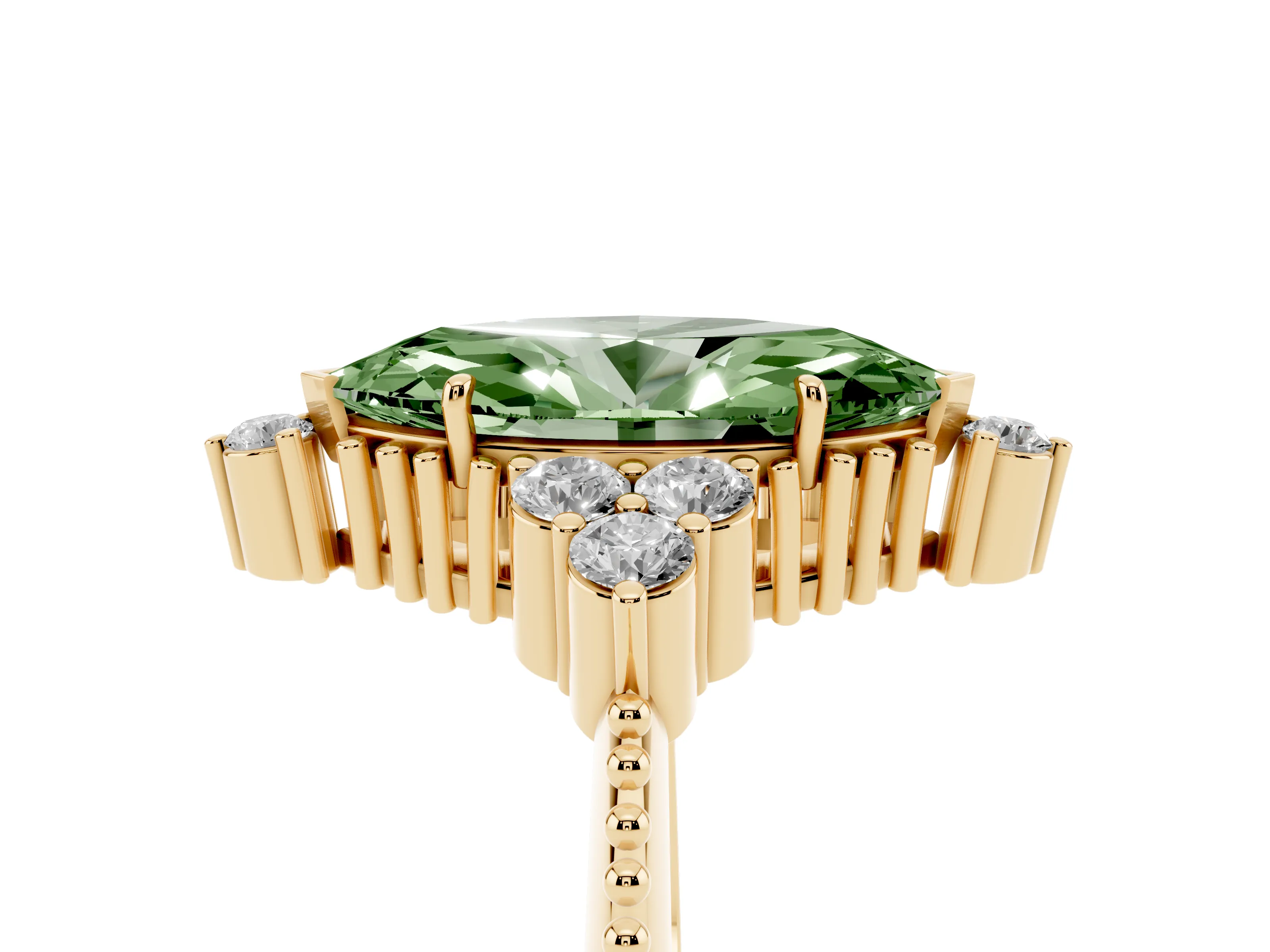 Fancy Green Marquise Cut Diamond Cluster Ring Set in Yellow gold with Beaded Band