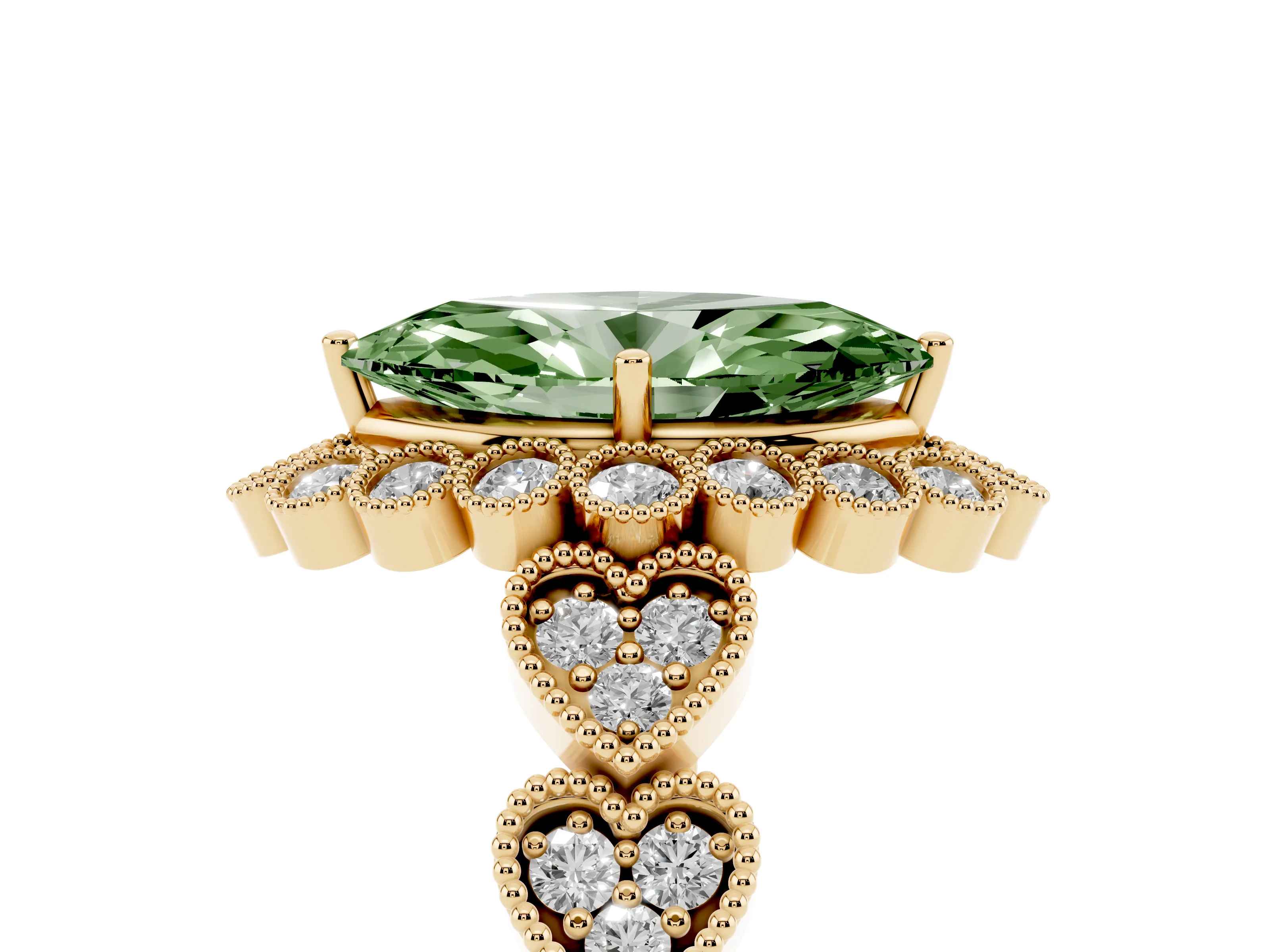 Fancy Green Marquise Cut Diamond Solitaire Ring Set in Yellow gold with Milgrain Pavé Heart Band