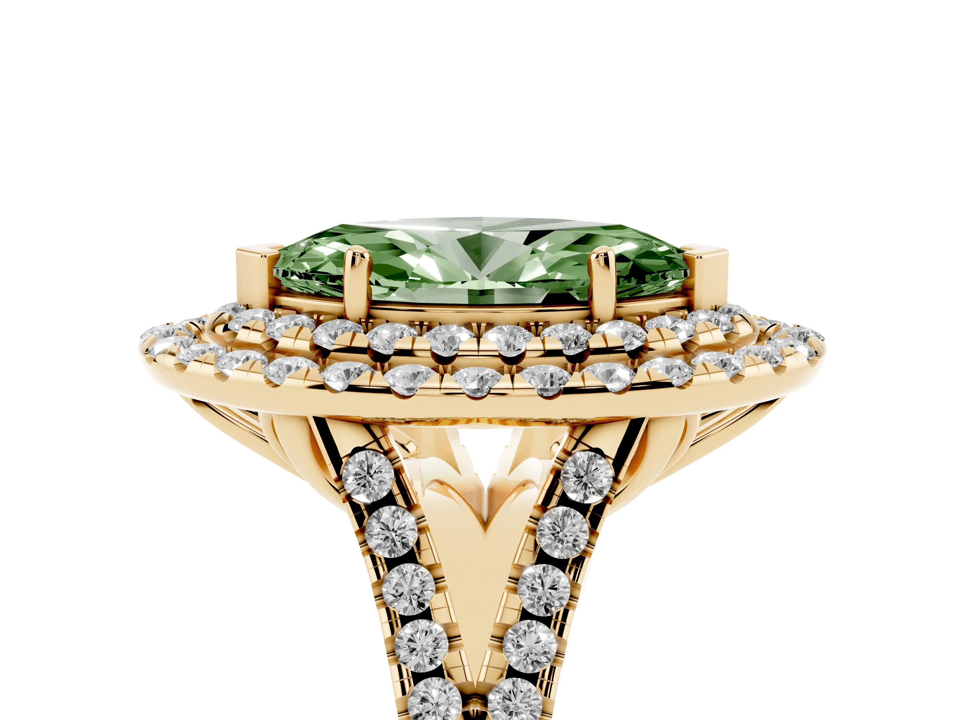 Fancy Green Marquise Cut Diamond Double Halo Ring Set in Yellow gold with Pavé Split Shank and Prong Setting