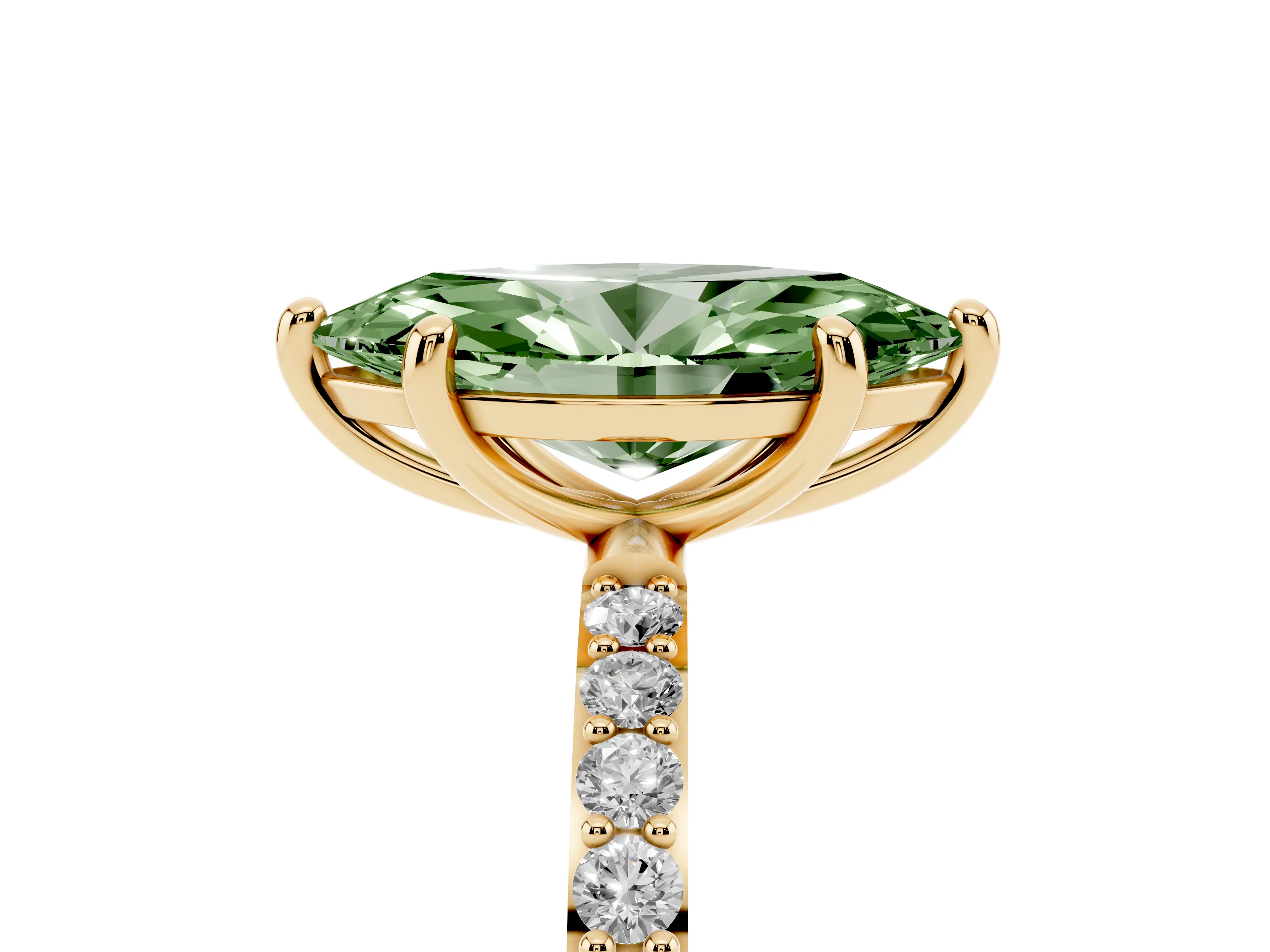 Fancy Green Marquise Cut Diamond Solitaire Ring Set in Yellow gold with Round Pavé Band and Prong Setting