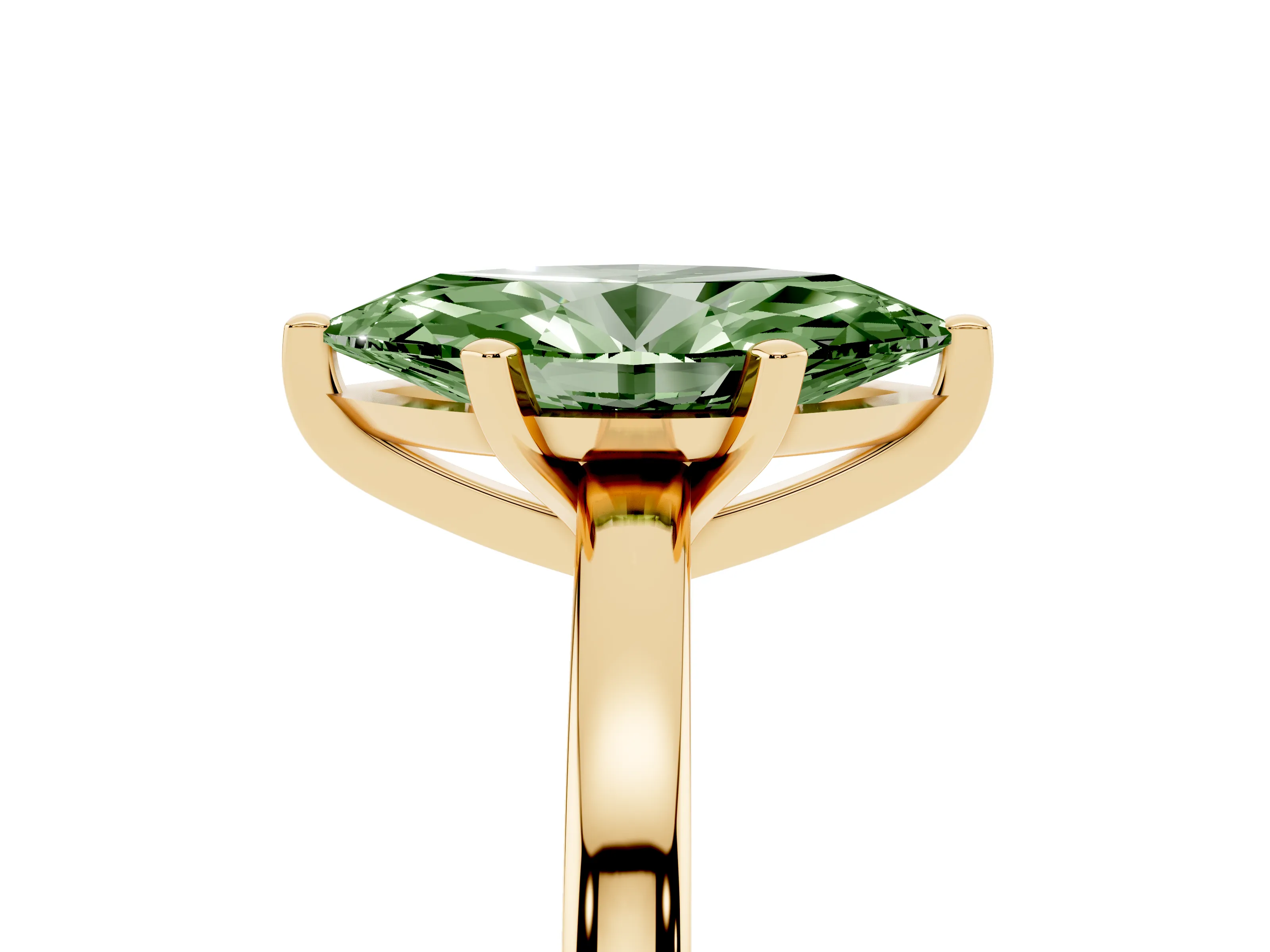 Fancy Green Marquise Cut Diamond Solitaire Engagement Ring Set in Yellow gold with Prong Setting on a Classic Band
